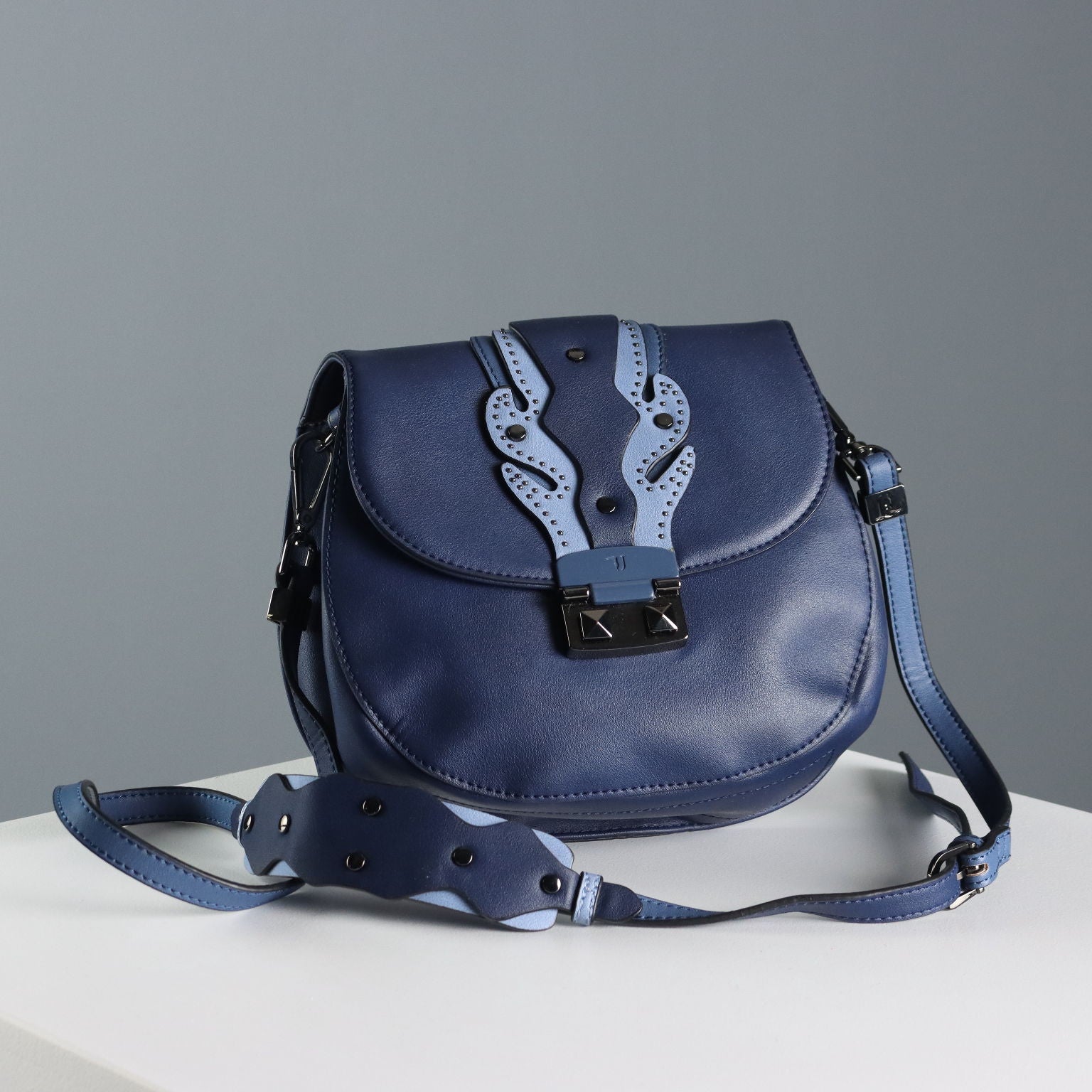 Trussardi Navy Blue Bag Leatherette with Studs Second Hand Italy