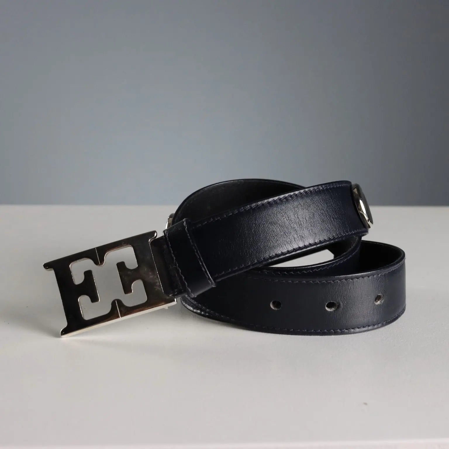 Escada Blue Leather Belt with Metal Studs Second Hand