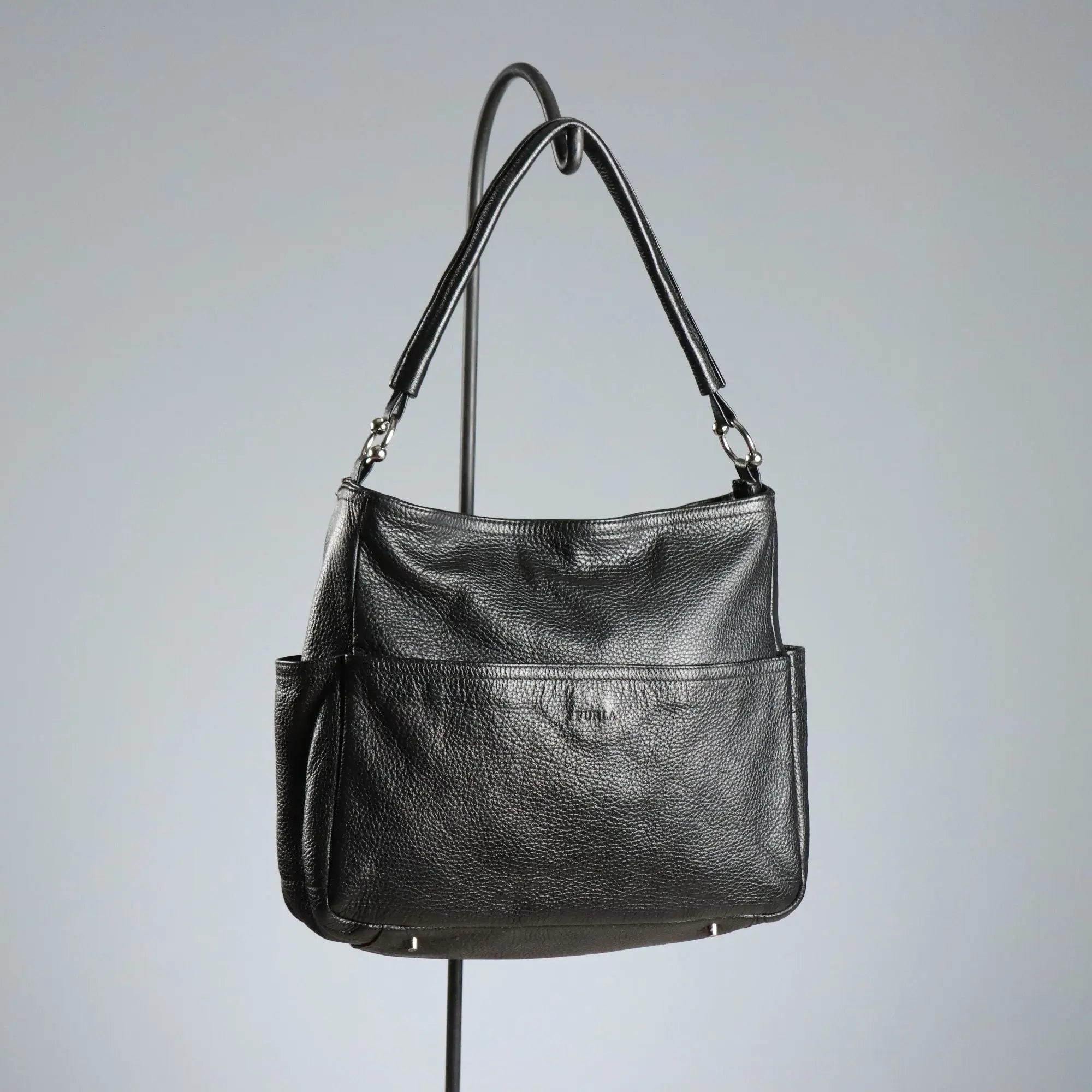 Furla Black Leather Bag with Metal Details Second Hand Italy