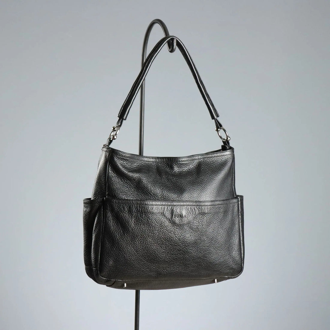 Furla Black Leather Bag with Metal Details Second Hand Italy