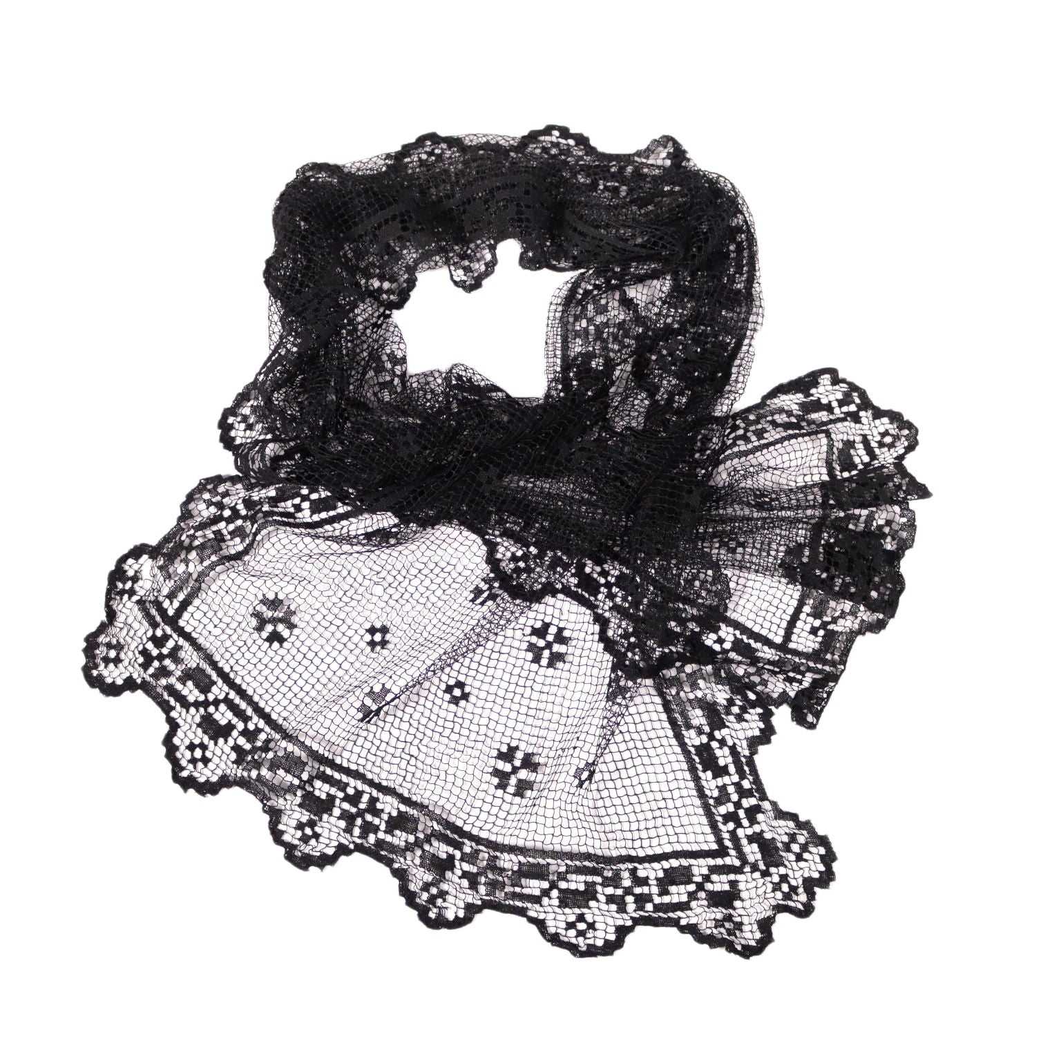 Scialle in Filet Nero Vintage in Cotone Nero Italia XX Secolo