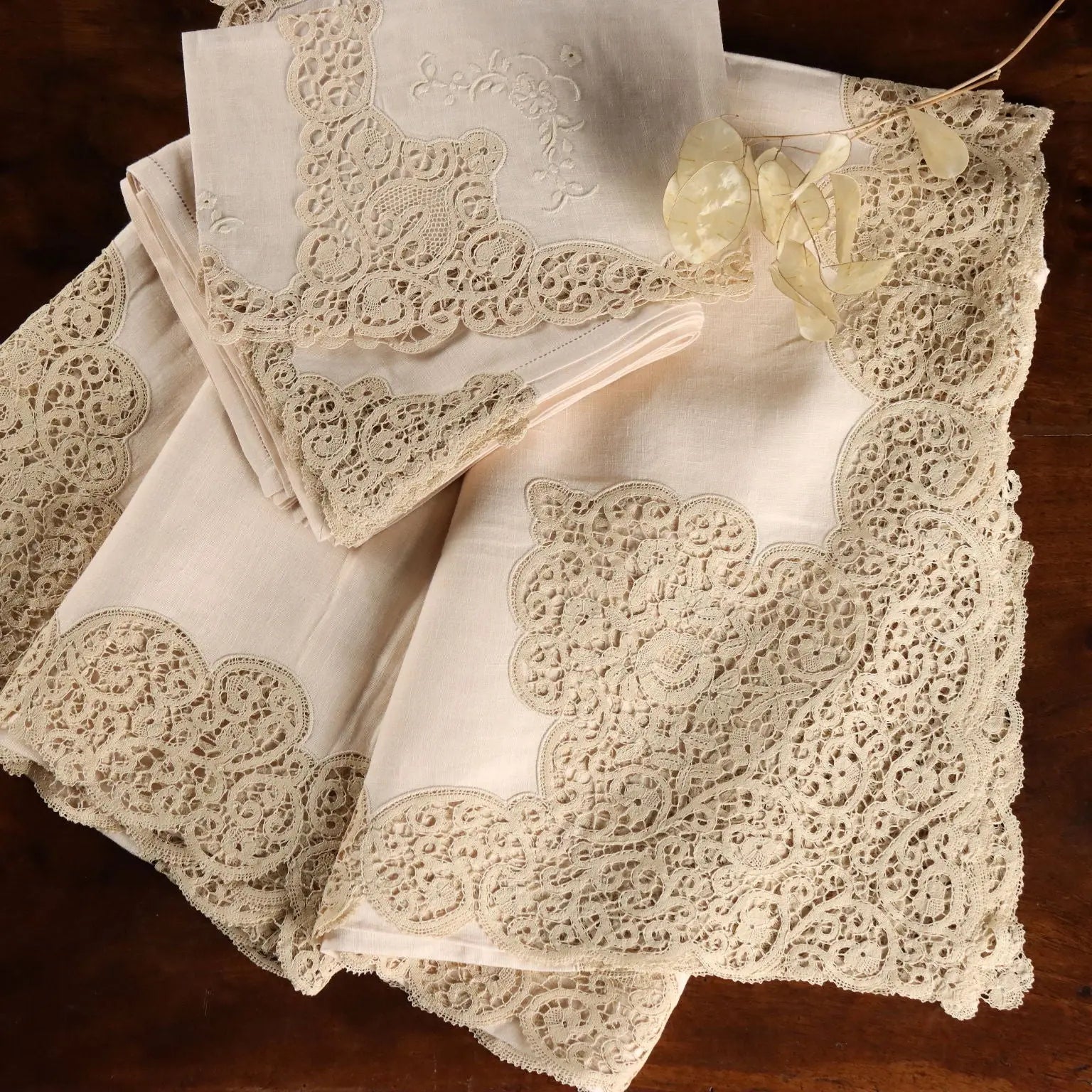 Tablecloth with 12 Napkins Cantù Lace Linen 112 x 72 In