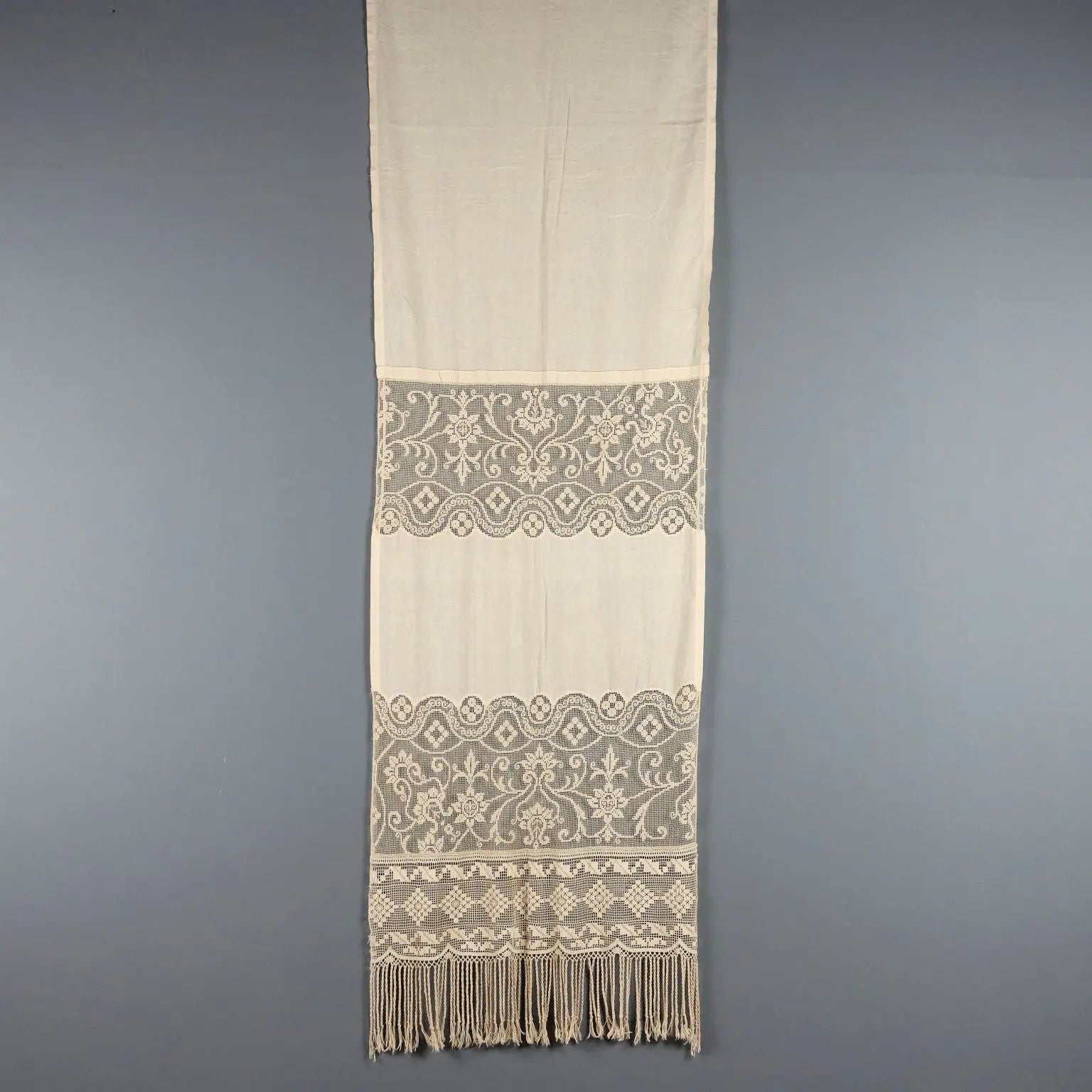 Linen and Filet Curtain with Fringes Second Hand Italy 107 x 36 In - 107 x 36 In | Clothing & House Linens | Antique House Linens