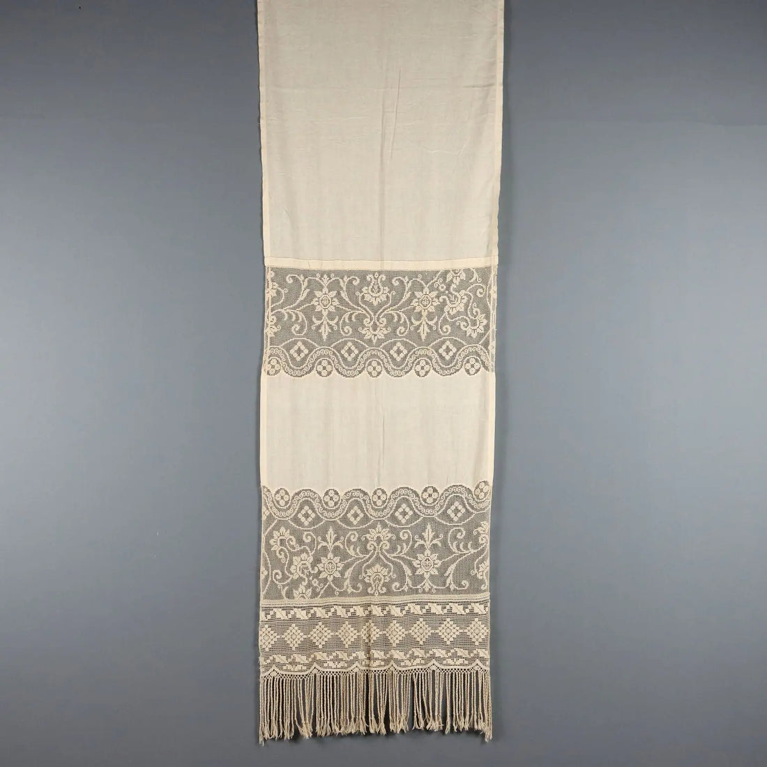 Linen and Filet Curtain with Fringes Second Hand Italy 107 x 36 In - 107 x 36 In | Clothing & House Linens | Antique House Linens
