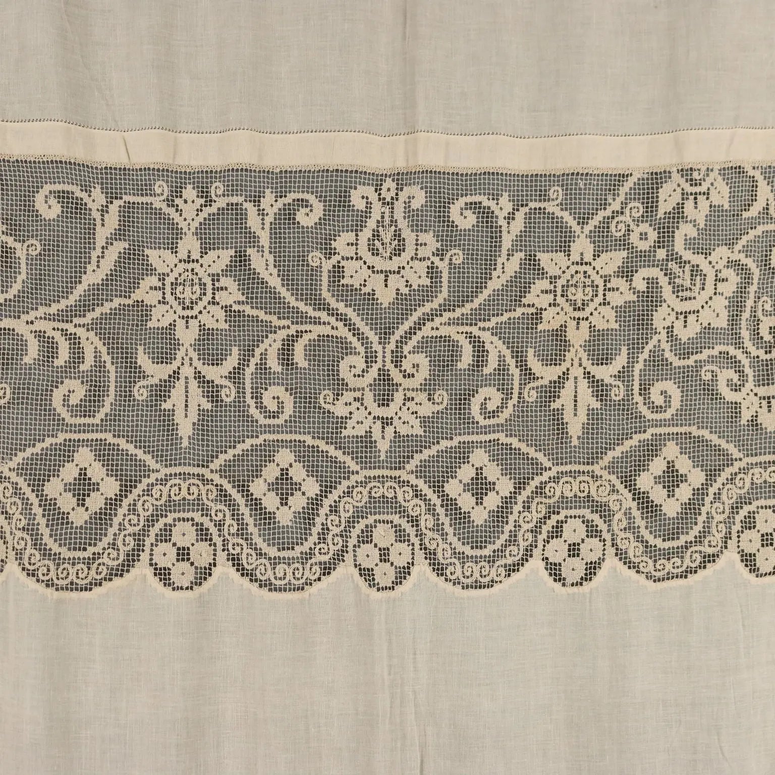 Linen and Filet Curtain with Fringes Second Hand Italy 107 x 36 In - 107 x 36 In | Clothing & House Linens | Antique House Linens