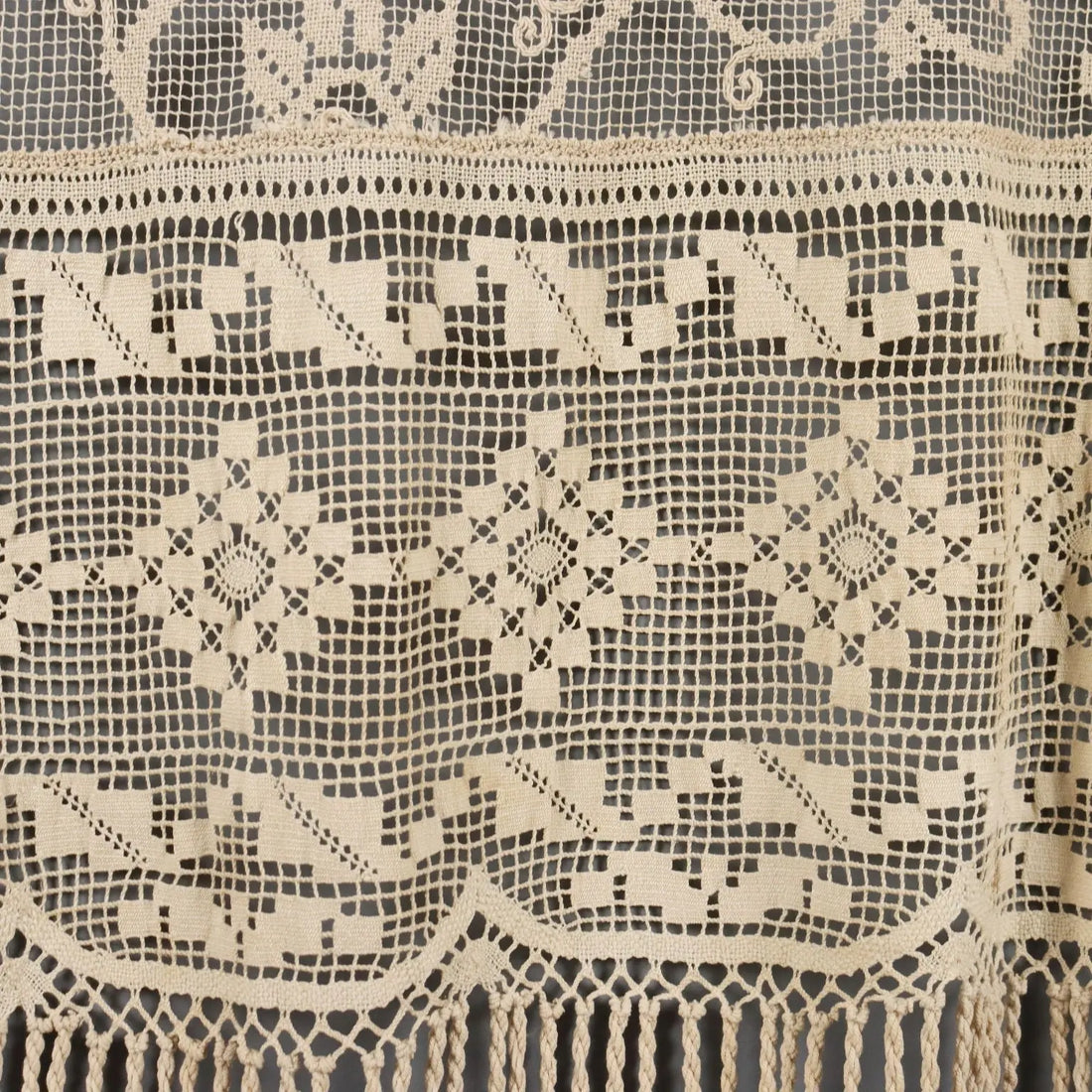 Linen and Filet Curtain with Fringes Second Hand Italy 107 x 36 In - 107 x 36 In | Clothing & House Linens | Antique House Linens