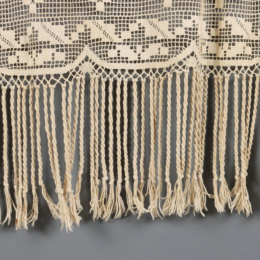 Linen and Filet Curtain with Fringes Second Hand Italy 107 x 36 In - 107 x 36 In | Clothing & House Linens | Antique House Linens