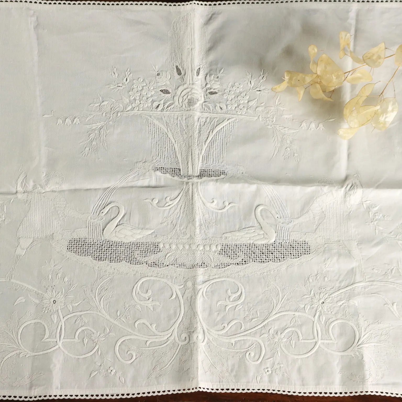 Embroidered Fabric with Pages and Swans Linen XIX-XX Century - 64 x 21 In | Clothing & House Linens | Antique House Linens