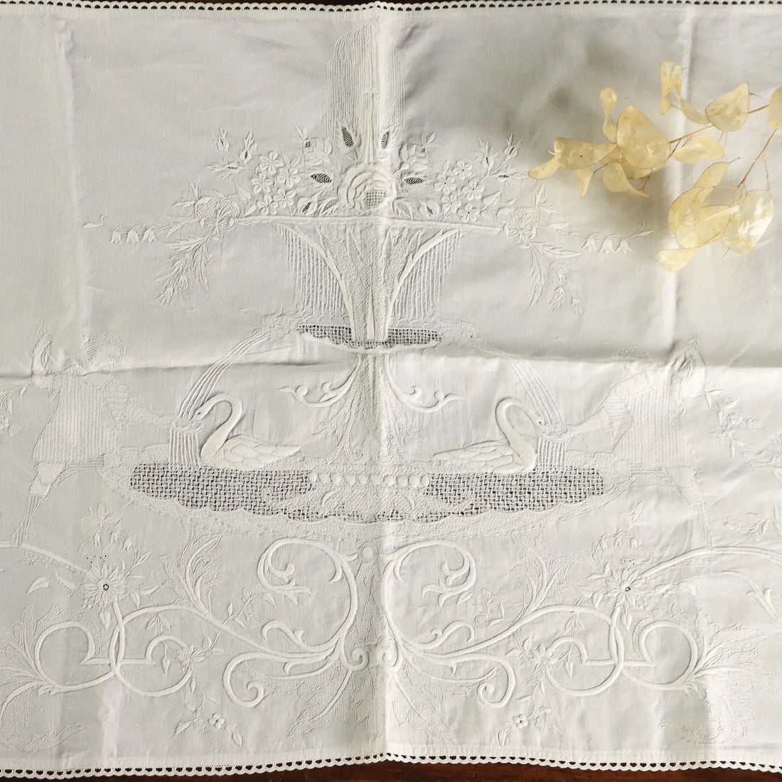 Embroidered Fabric with Pages and Swans Linen XIX-XX Century - 64 x 21 In | Clothing & House Linens | Antique House Linens