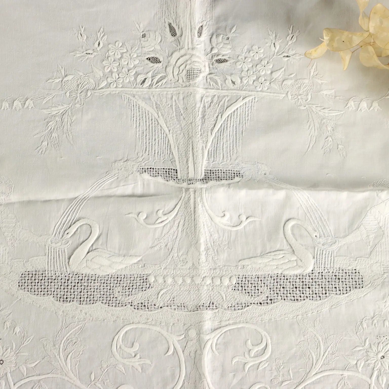 Embroidered Fabric with Pages and Swans Linen XIX-XX Century - 64 x 21 In | Clothing & House Linens | Antique House Linens