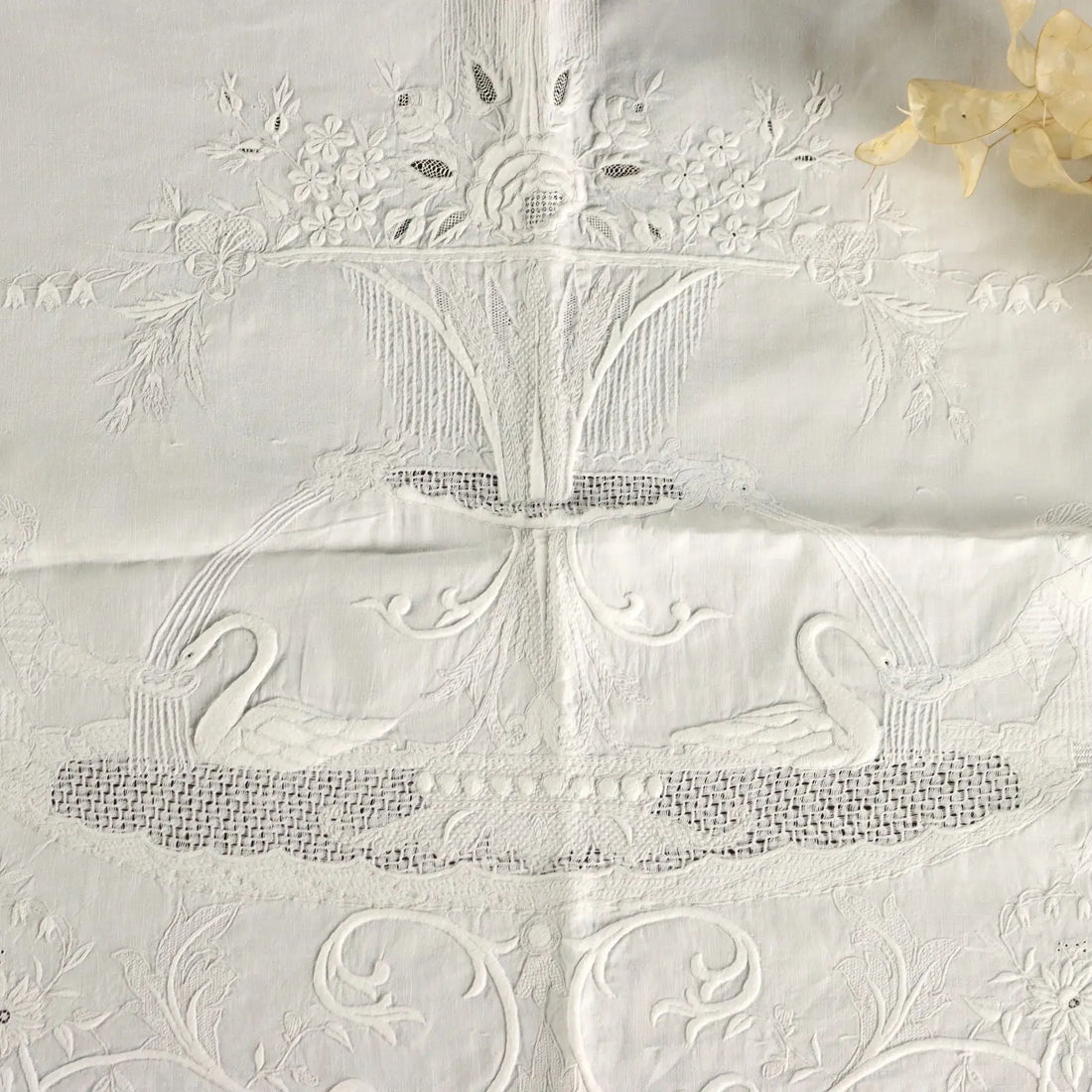 Embroidered Fabric with Pages and Swans Linen XIX-XX Century - 64 x 21 In | Clothing & House Linens | Antique House Linens