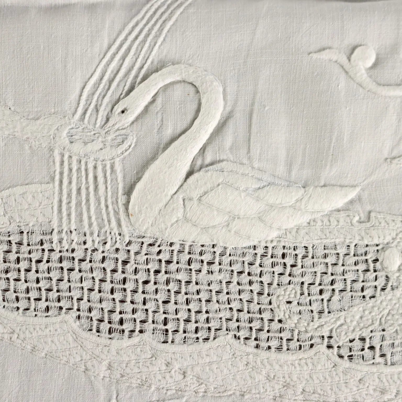 Embroidered Fabric with Pages and Swans Linen XIX-XX Century - 64 x 21 In | Clothing & House Linens | Antique House Linens