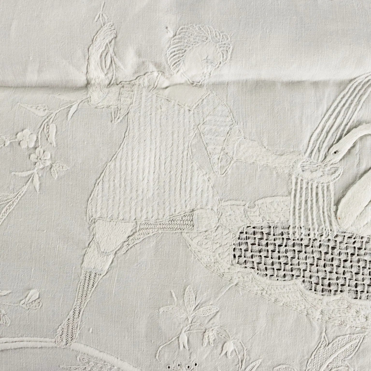 Embroidered Fabric with Pages and Swans Linen XIX-XX Century - 64 x 21 In | Clothing & House Linens | Antique House Linens