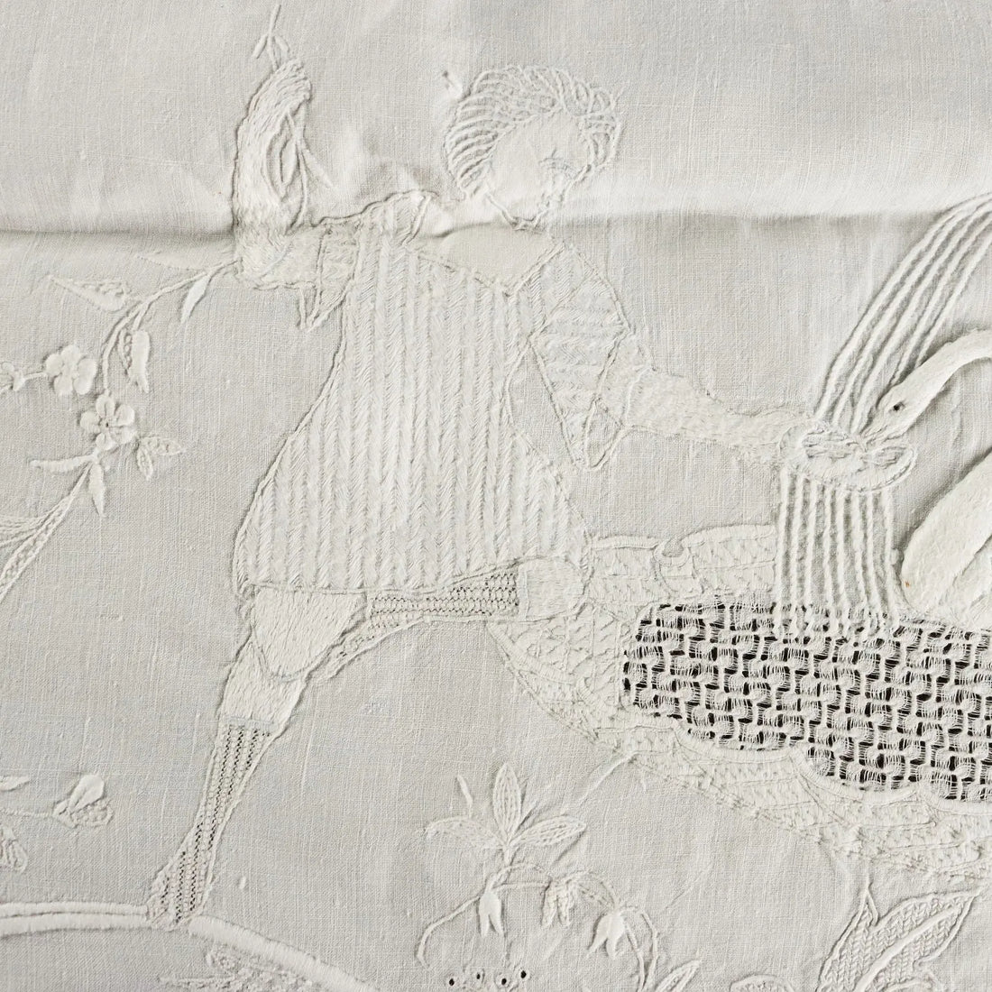 Embroidered Fabric with Pages and Swans Linen XIX-XX Century - 64 x 21 In | Clothing & House Linens | Antique House Linens