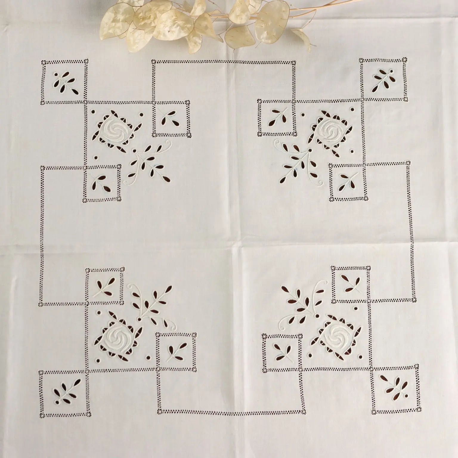 Tablecloth with 12 Napkins Linen Full Stich 60 x 59 In - 60 x 59 In | Clothing & House Linens | Antique House Linens