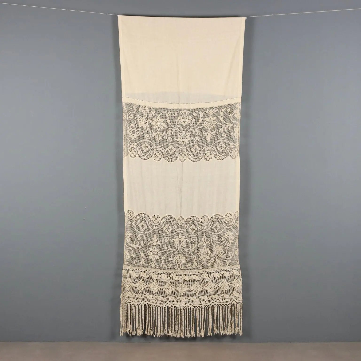 Linen Curtain with Filet Inserts Second Hand Italy - 36 x 58 In | Clothing & House Linens | Antique House Linens