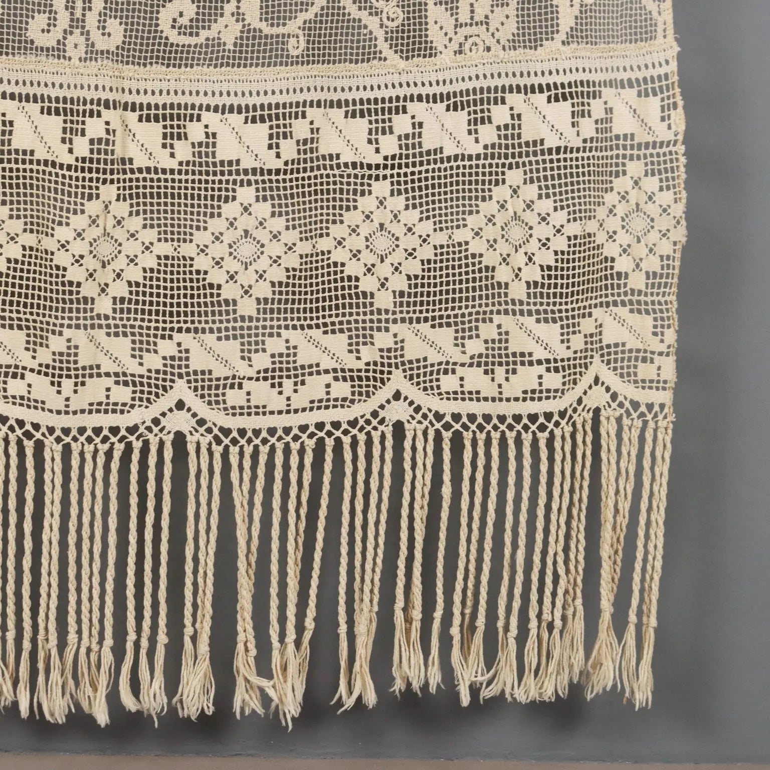 Linen Curtain with Filet Inserts Second Hand Italy - 36 x 58 In | Clothing & House Linens | Antique House Linens