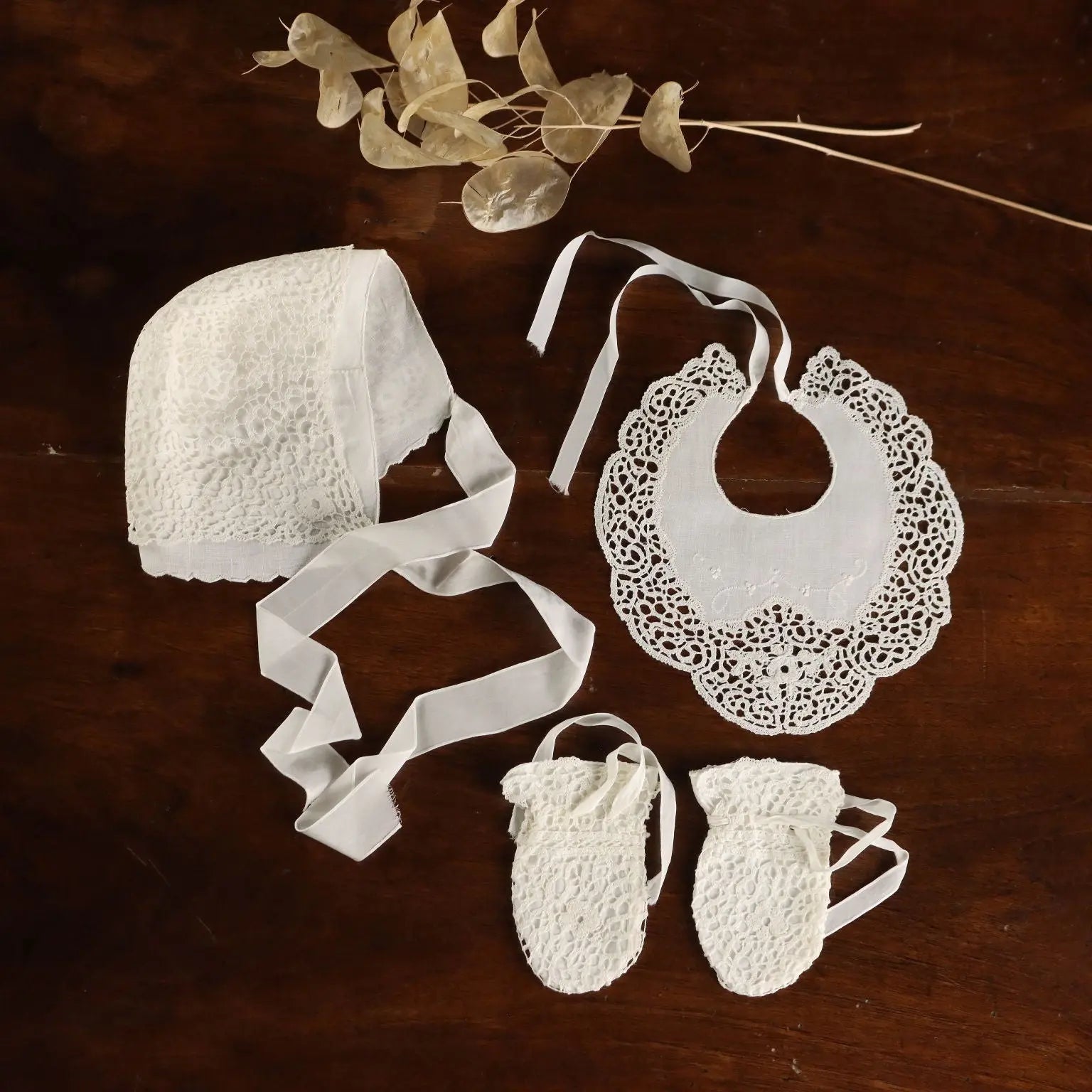 Newborn Cap Gloves Bib Handmade Linen Second Hand