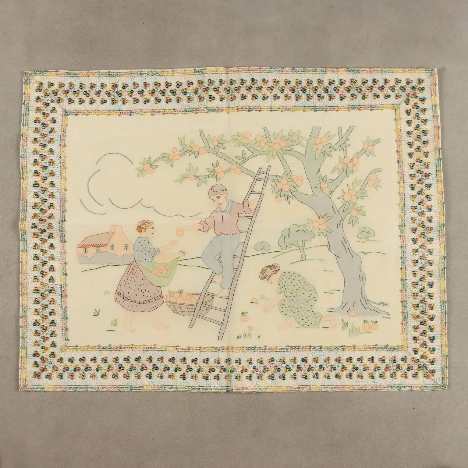 Silk Painting with Orange Pickers Coloured Fabric 29 x 22 In - 29 x 22 In | Clothing & House Linens | Antique House Linens