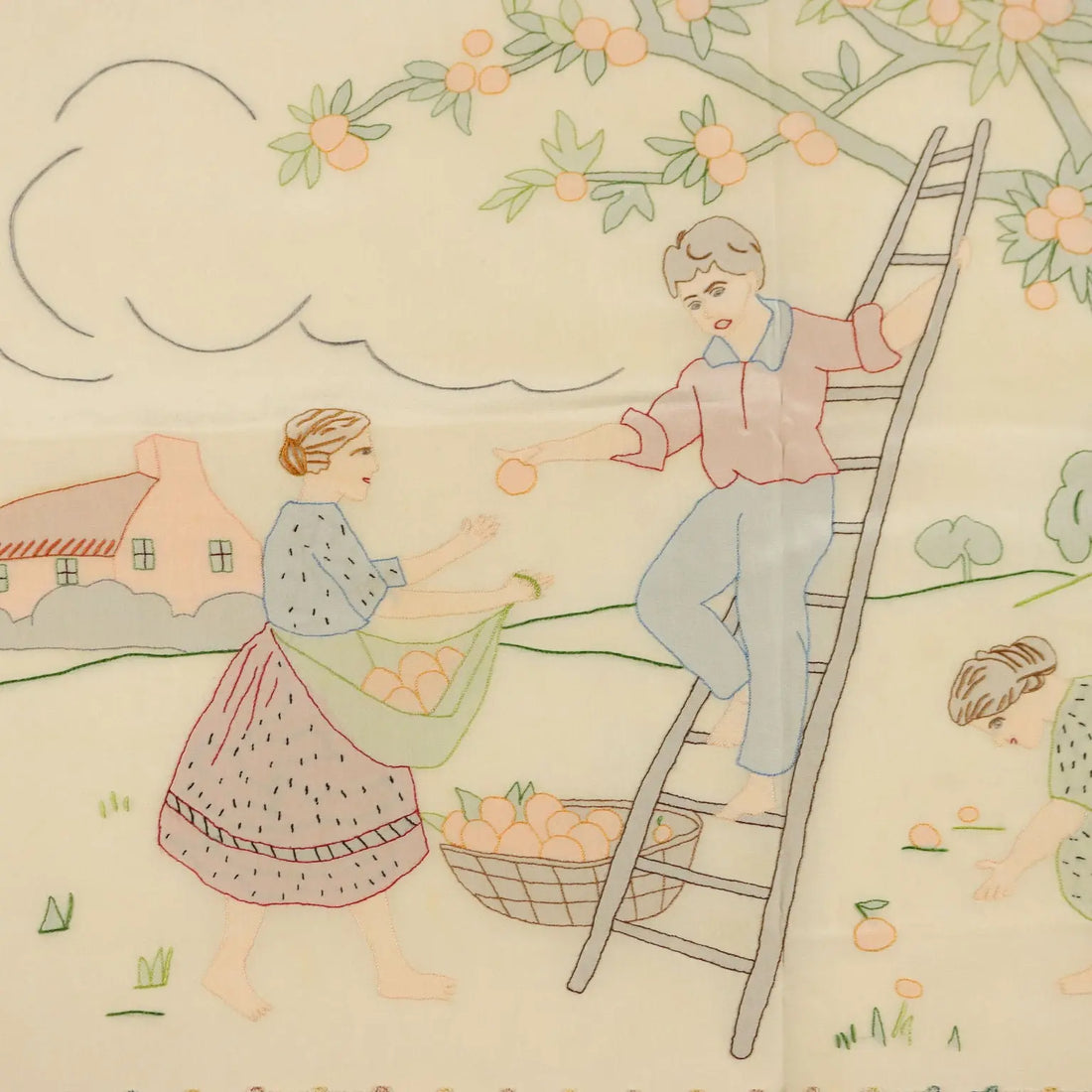 Silk Painting with Orange Pickers Coloured Fabric 29 x 22 In - 29 x 22 In | Clothing & House Linens | Antique House Linens