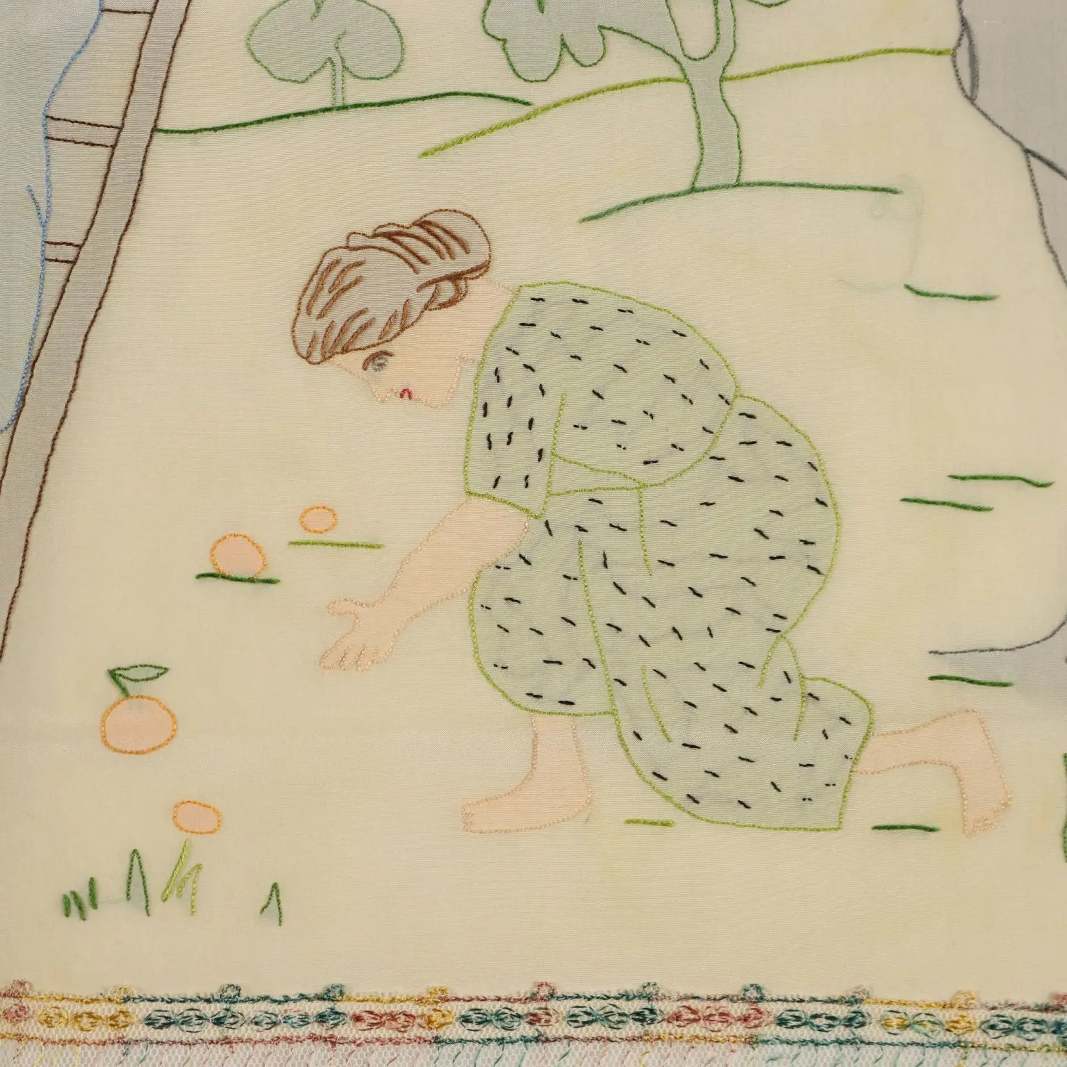 Silk Painting with Orange Pickers Coloured Fabric 29 x 22 In - 29 x 22 In | Clothing & House Linens | Antique House Linens
