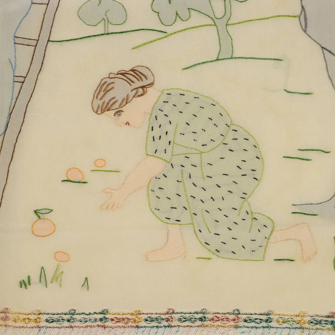 Silk Painting with Orange Pickers Coloured Fabric 29 x 22 In - 29 x 22 In | Clothing & House Linens | Antique House Linens