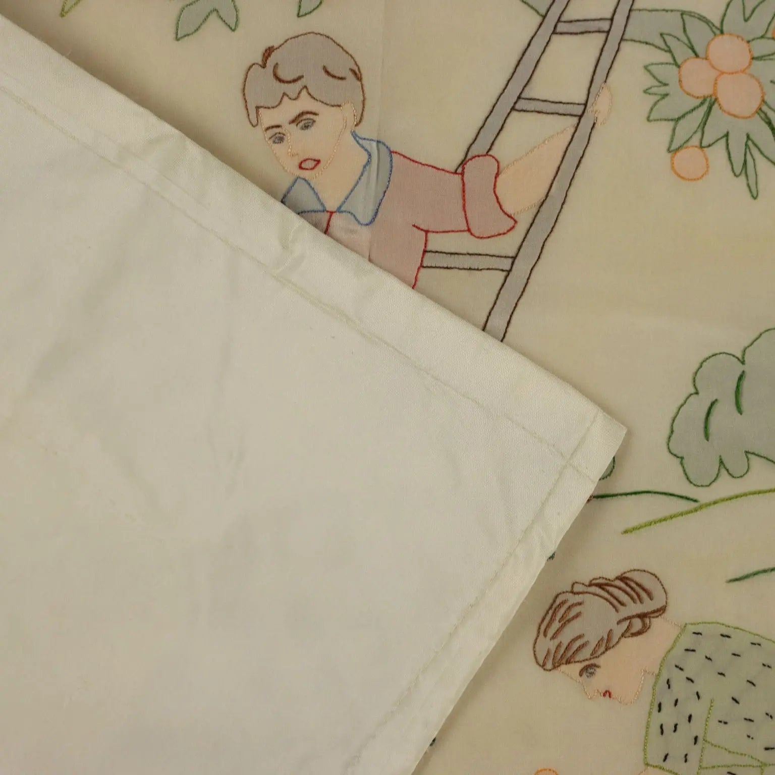 Silk Painting with Orange Pickers Coloured Fabric 29 x 22 In - 29 x 22 In | Clothing & House Linens | Antique House Linens