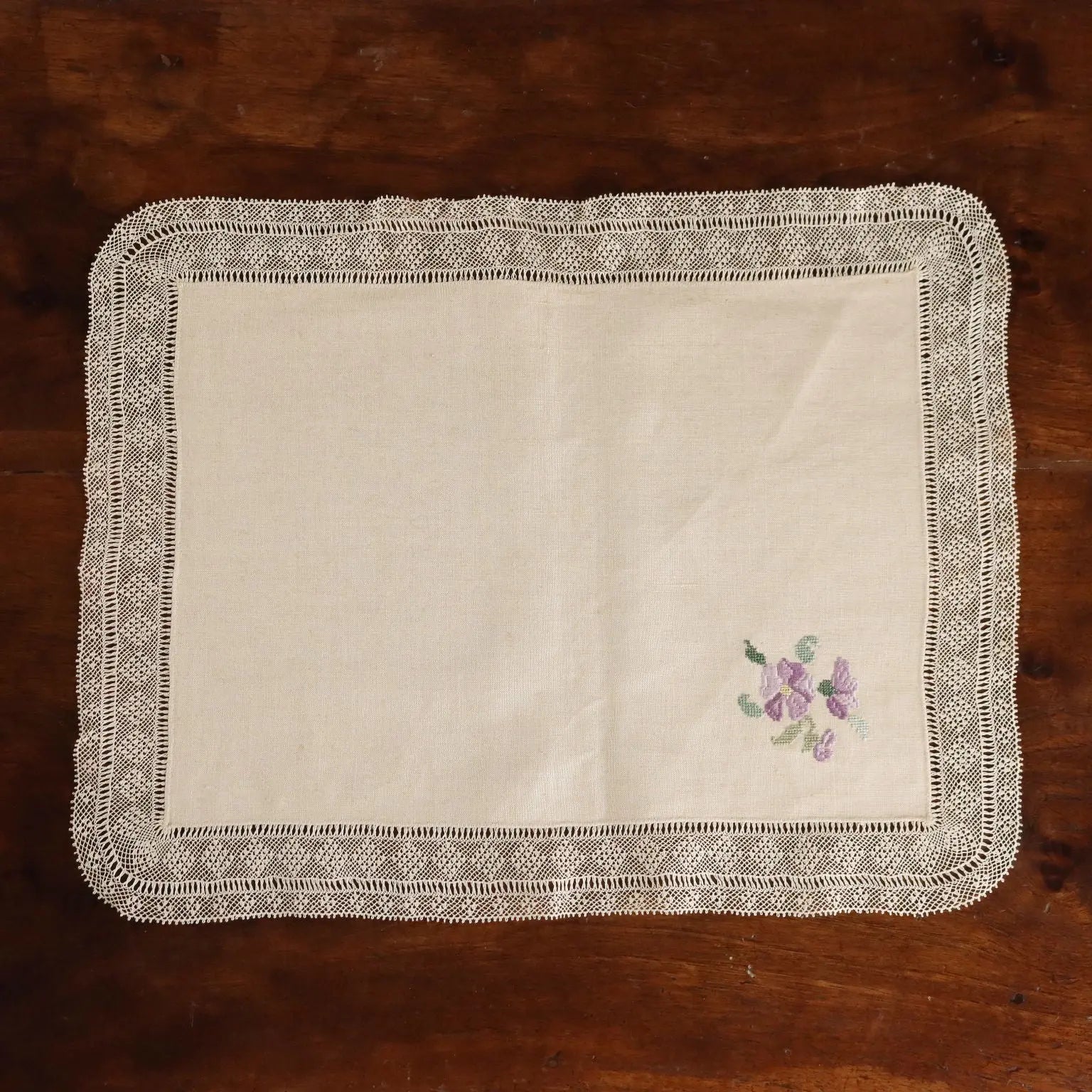 Linen Table Set Embroideries Cross-Stitch Italy 33 x 21 In