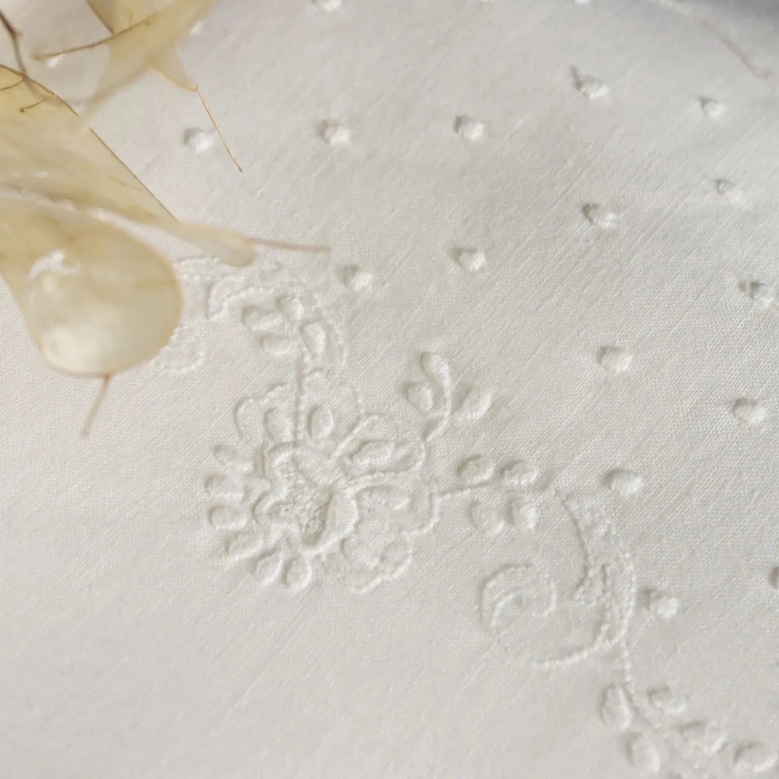 Linen Double Bed Sheet with Floral Embroidery 90 x 105 In