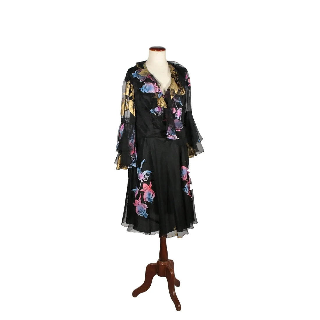 Vintage Black Voile Dress with Flowers 1960s - Size S | Clothing & House Linens | Vintage