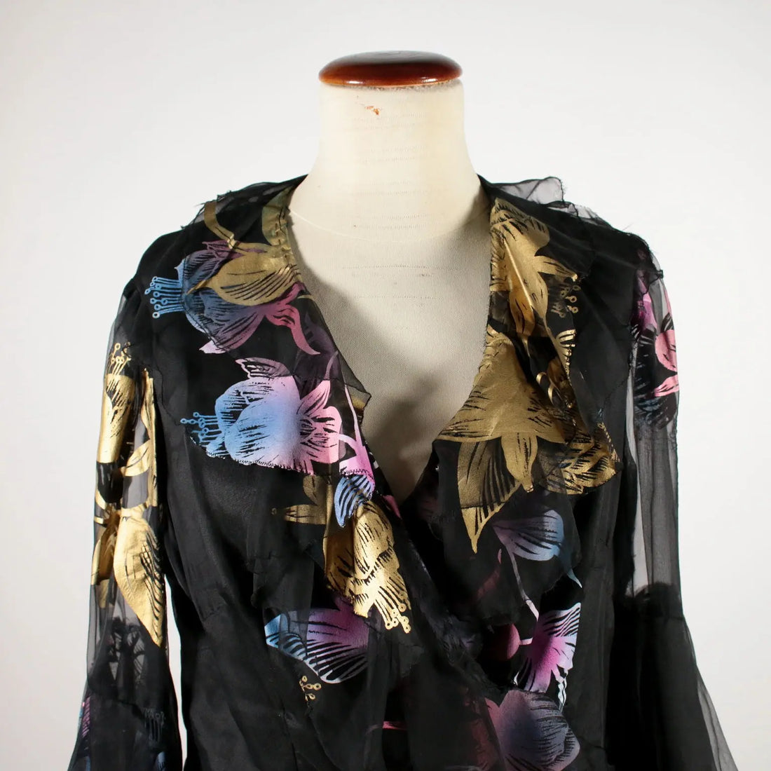 Vintage Black Voile Dress with Flowers 1960s - Size S | Clothing & House Linens | Vintage