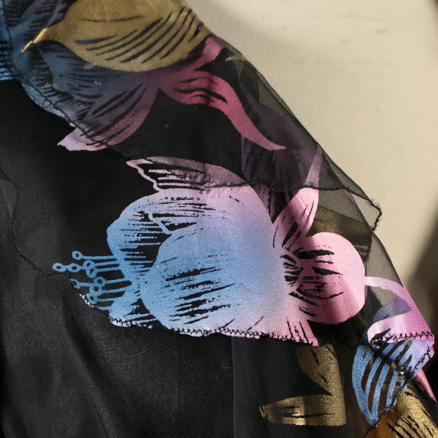 Vintage Black Voile Dress with Flowers 1960s - Size S | Clothing & House Linens | Vintage