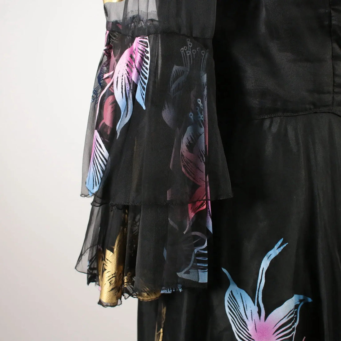 Vintage Black Voile Dress with Flowers 1960s - Size S | Clothing & House Linens | Vintage