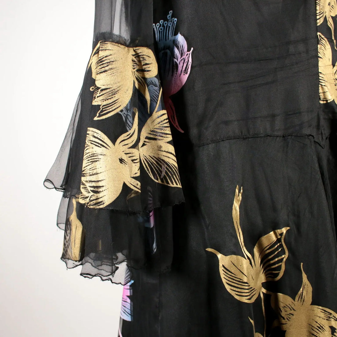 Vintage Black Voile Dress with Flowers 1960s - Size S | Clothing & House Linens | Vintage