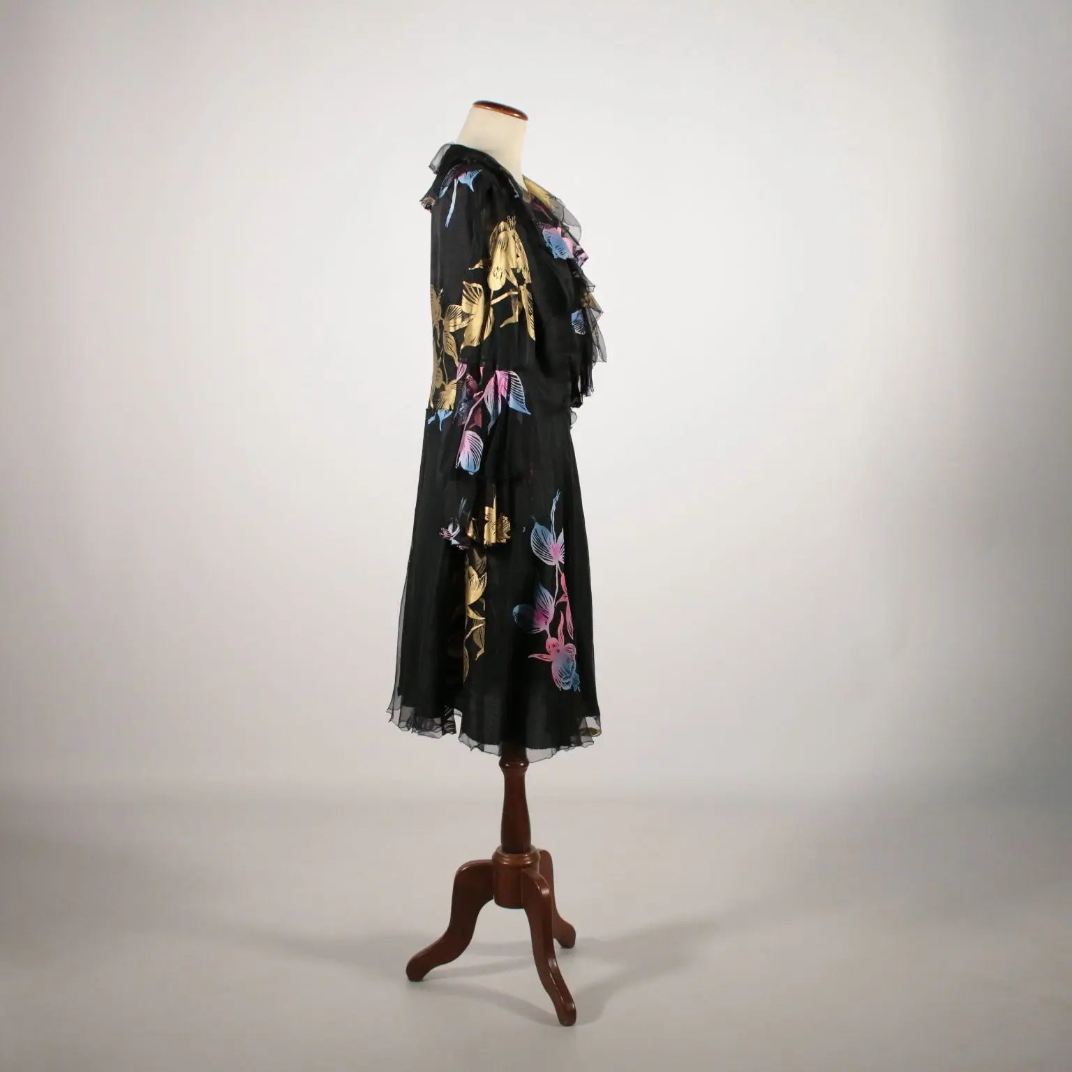 Vintage Black Voile Dress with Flowers 1960s - Size S | Clothing & House Linens | Vintage