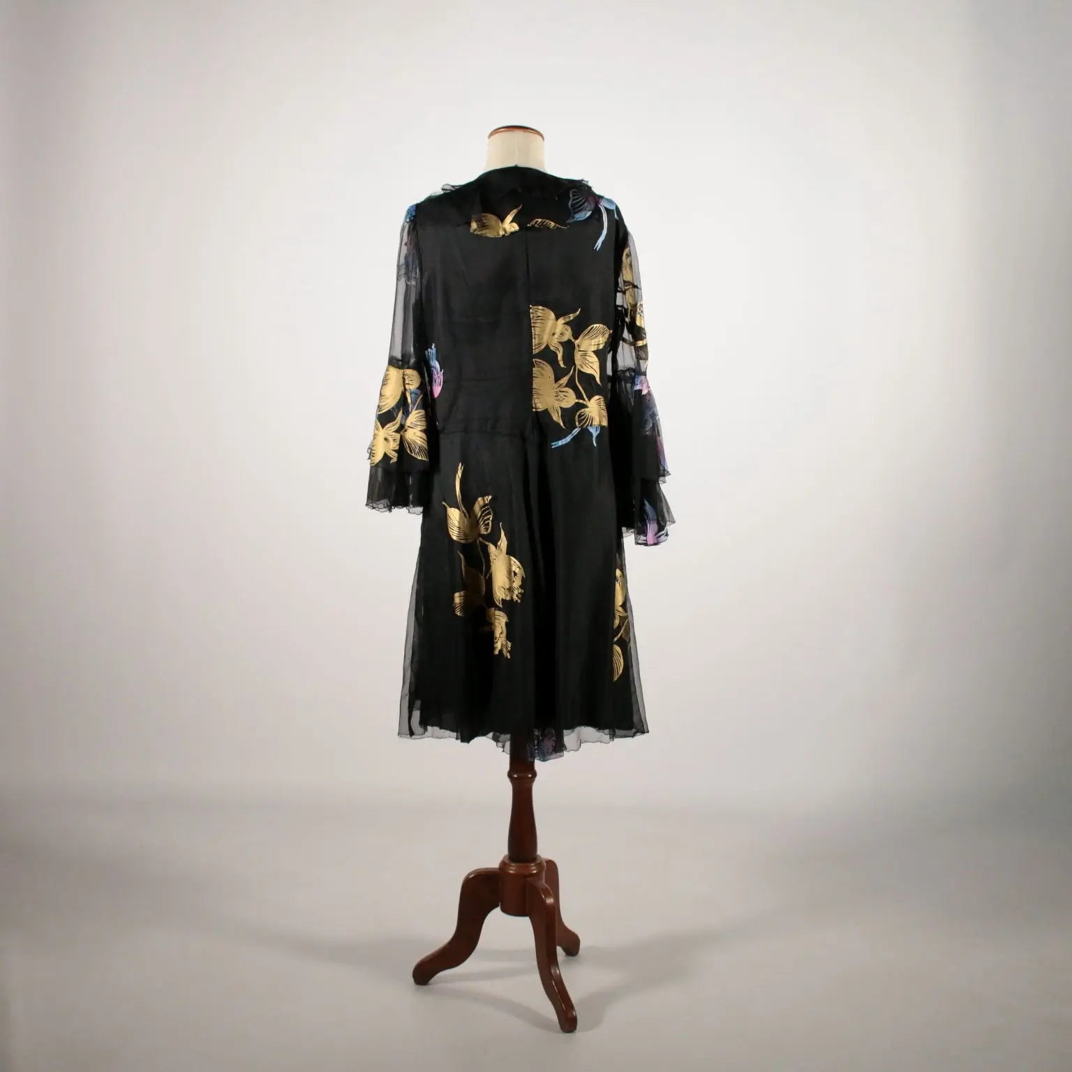 Vintage Black Voile Dress with Flowers 1960s - Size S | Clothing & House Linens | Vintage