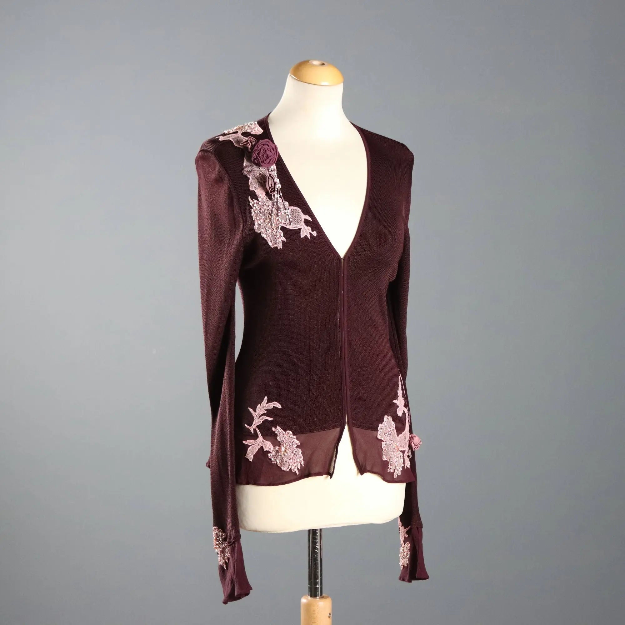 Karen Millen Y2K Plum Cardigan Lace and Silk UK Size 12 Second Hand