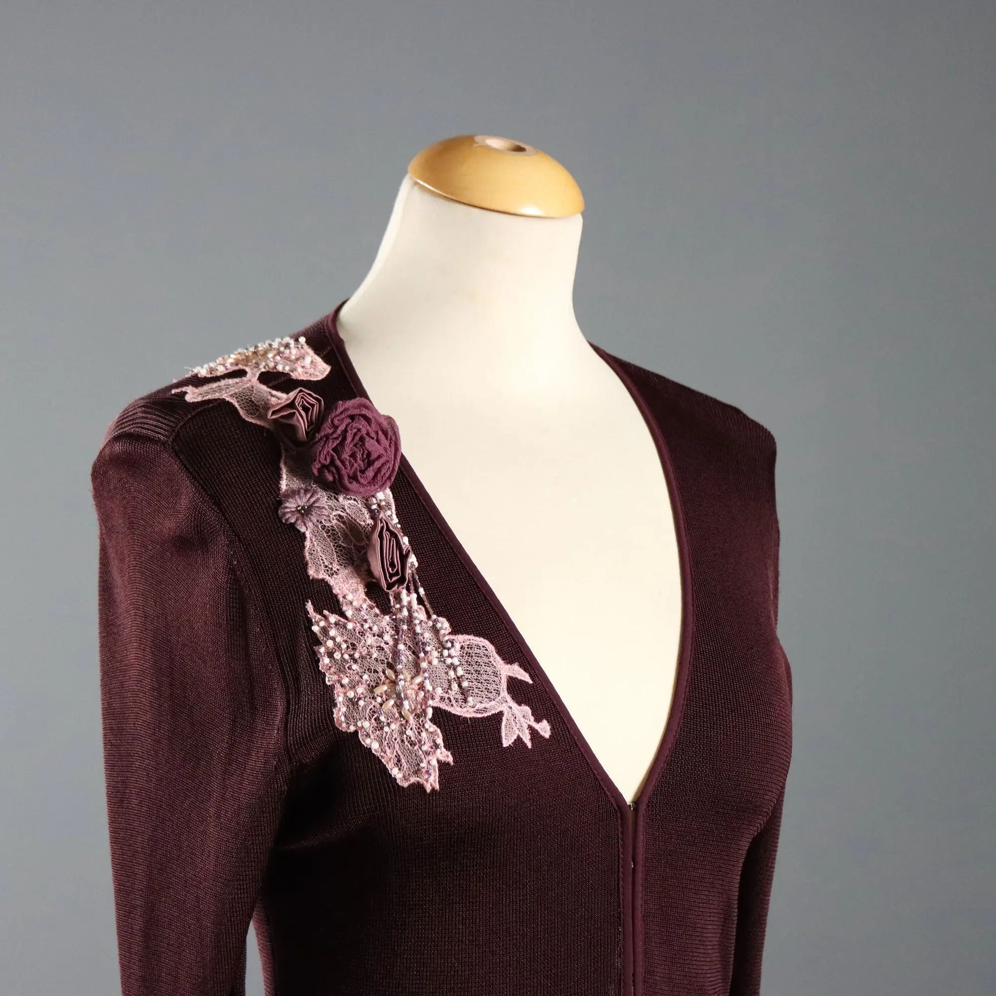 Karen Millen Y2K Plum Cardigan Lace and Silk UK Size 12 Second Hand
