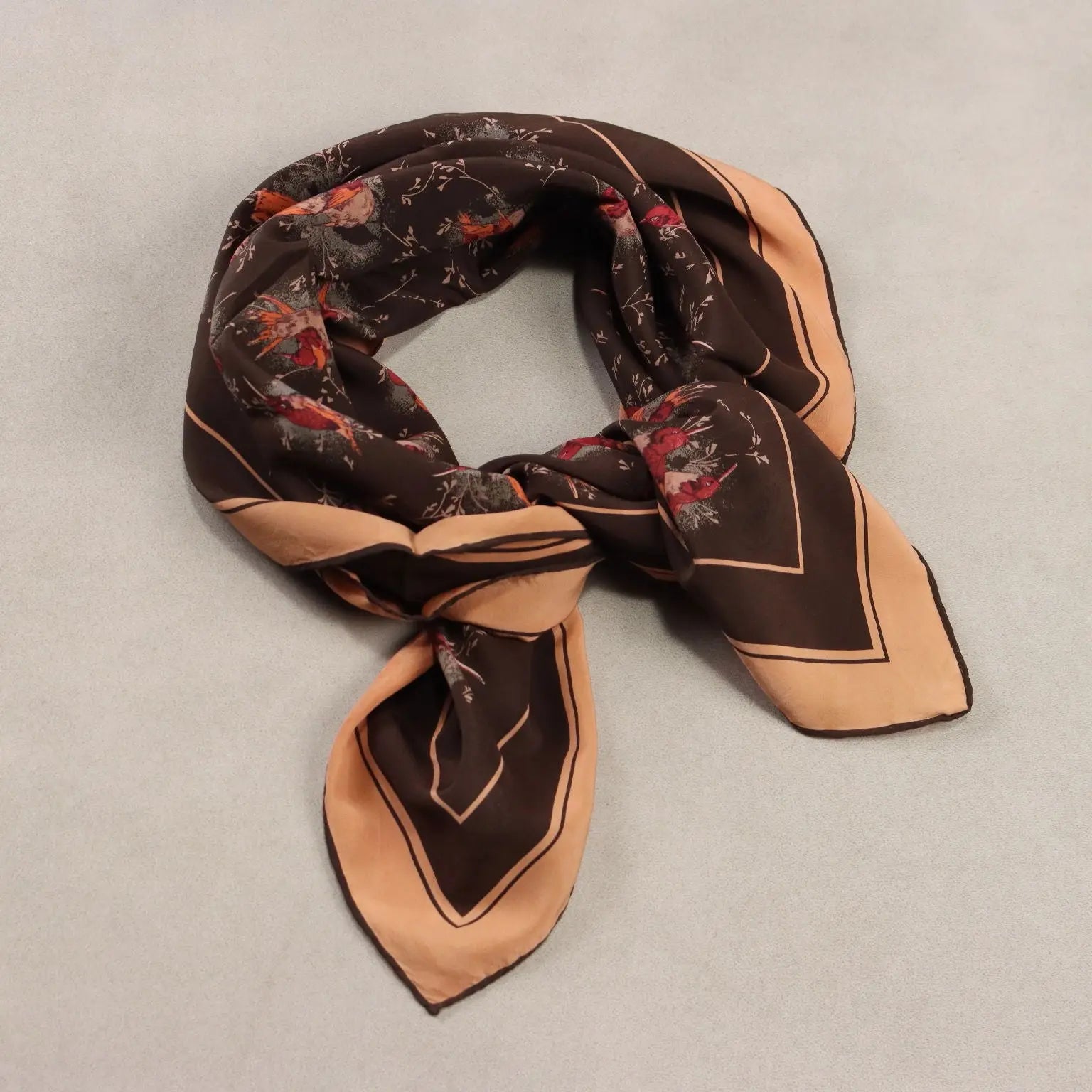 Vintage Gucci Scarf Silk with Brown Colibri Italy 1960s