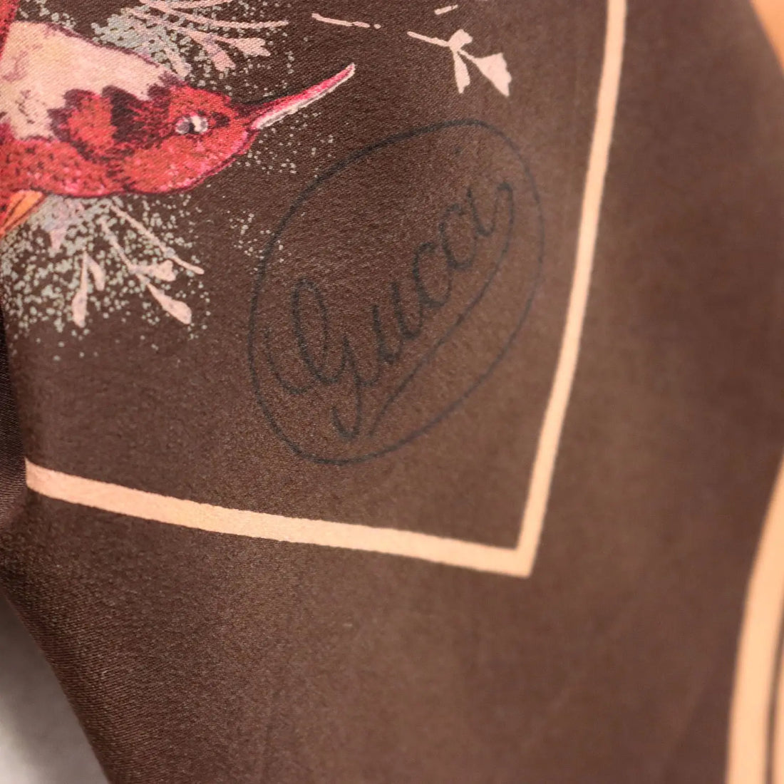 Vintage Gucci Scarf Silk with Brown Colibri Italy 1960s