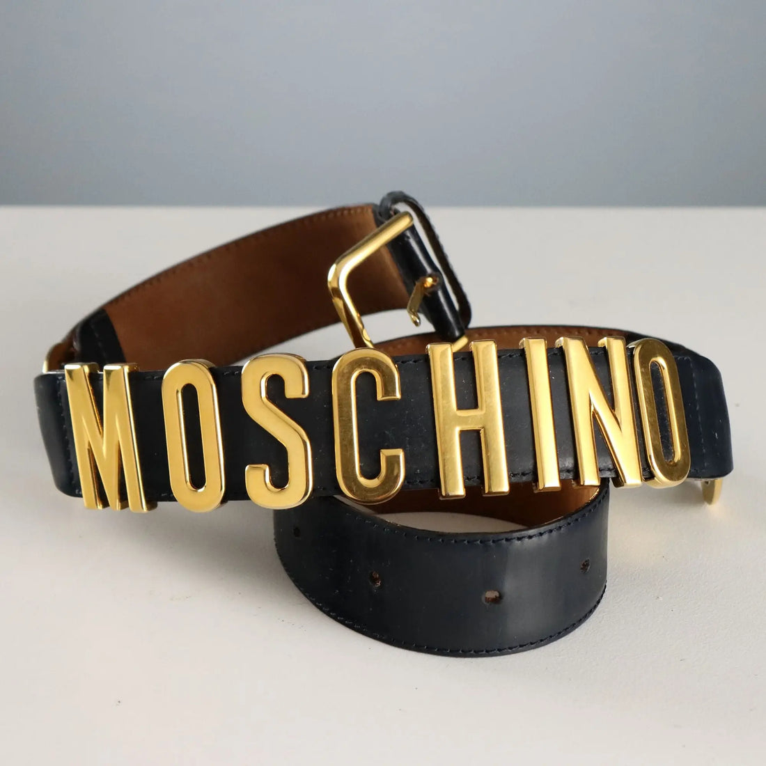 Moschino Blue Leather & Metal Belt Vintage Italy 1980s-1990s