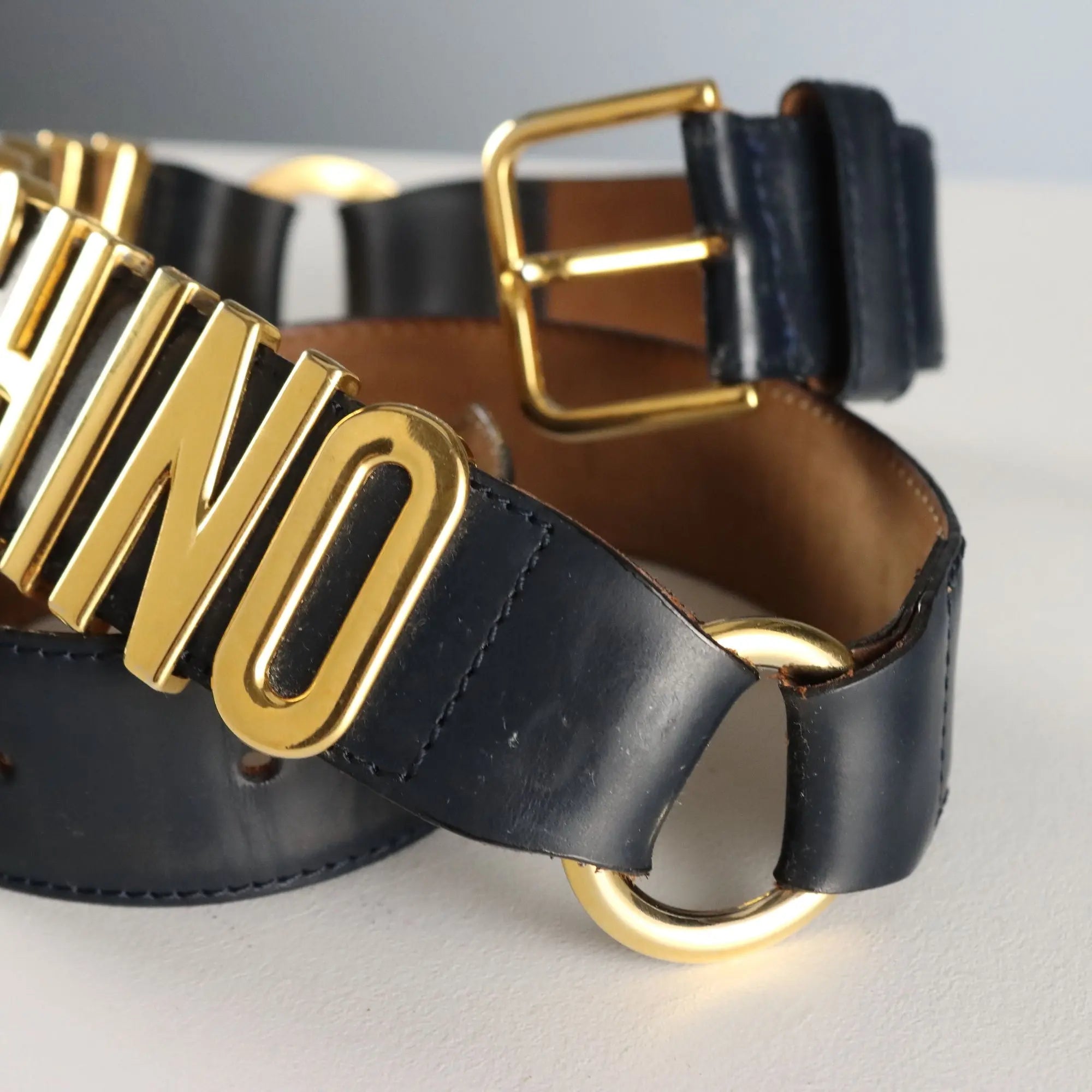 Moschino Blue Leather & Metal Belt Vintage Italy 1980s-1990s