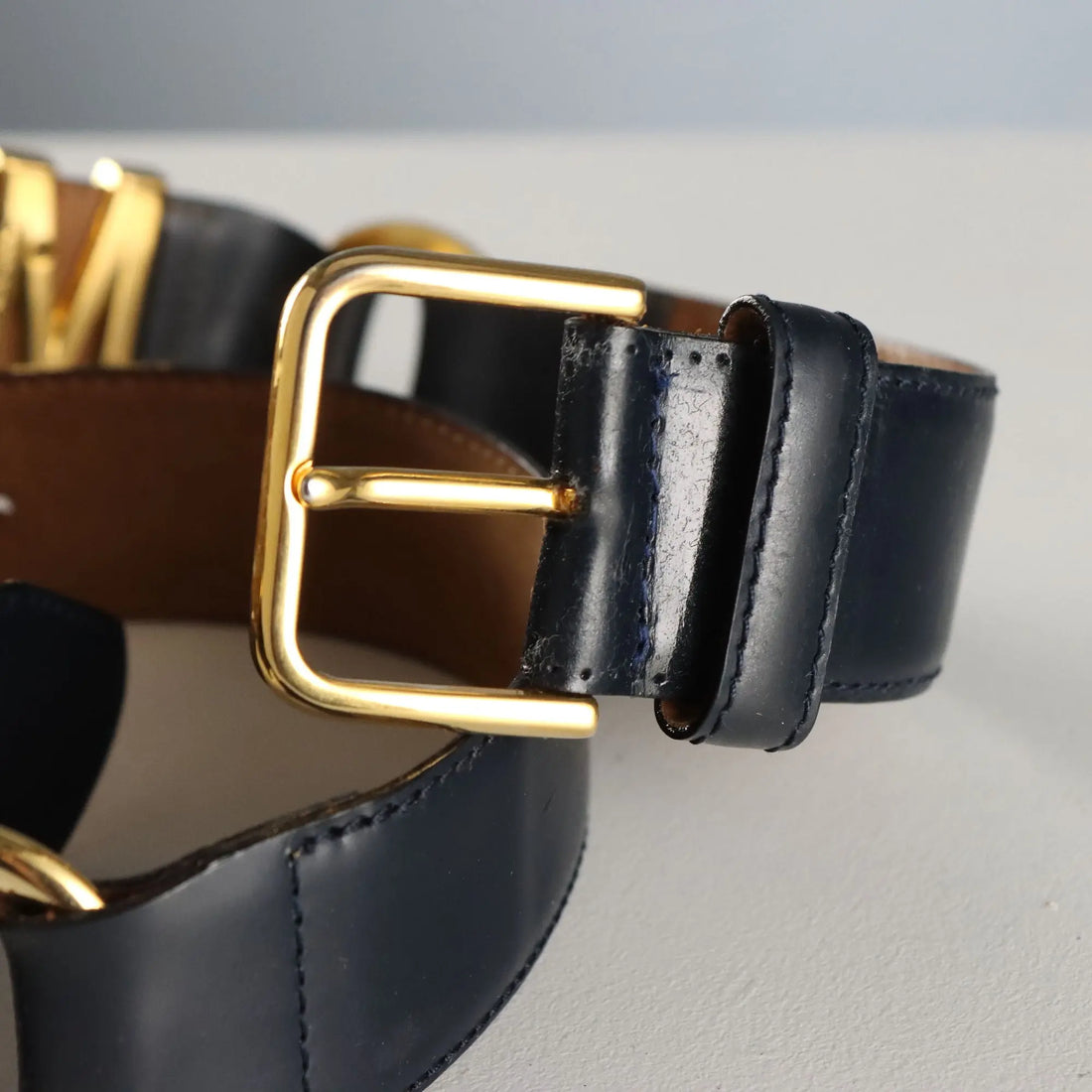 Moschino Blue Leather & Metal Belt Vintage Italy 1980s-1990s