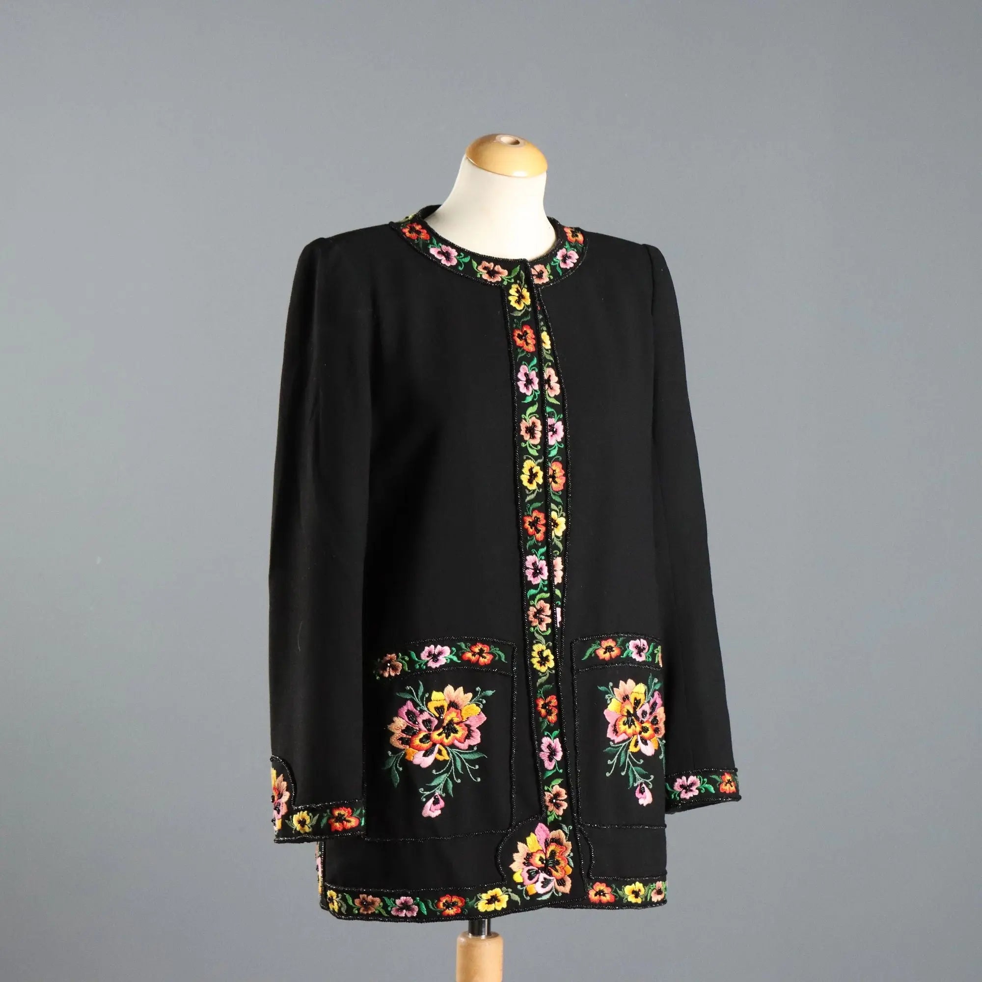 Vintage Jacket Wool Flower Beading UK Size 14 1990s