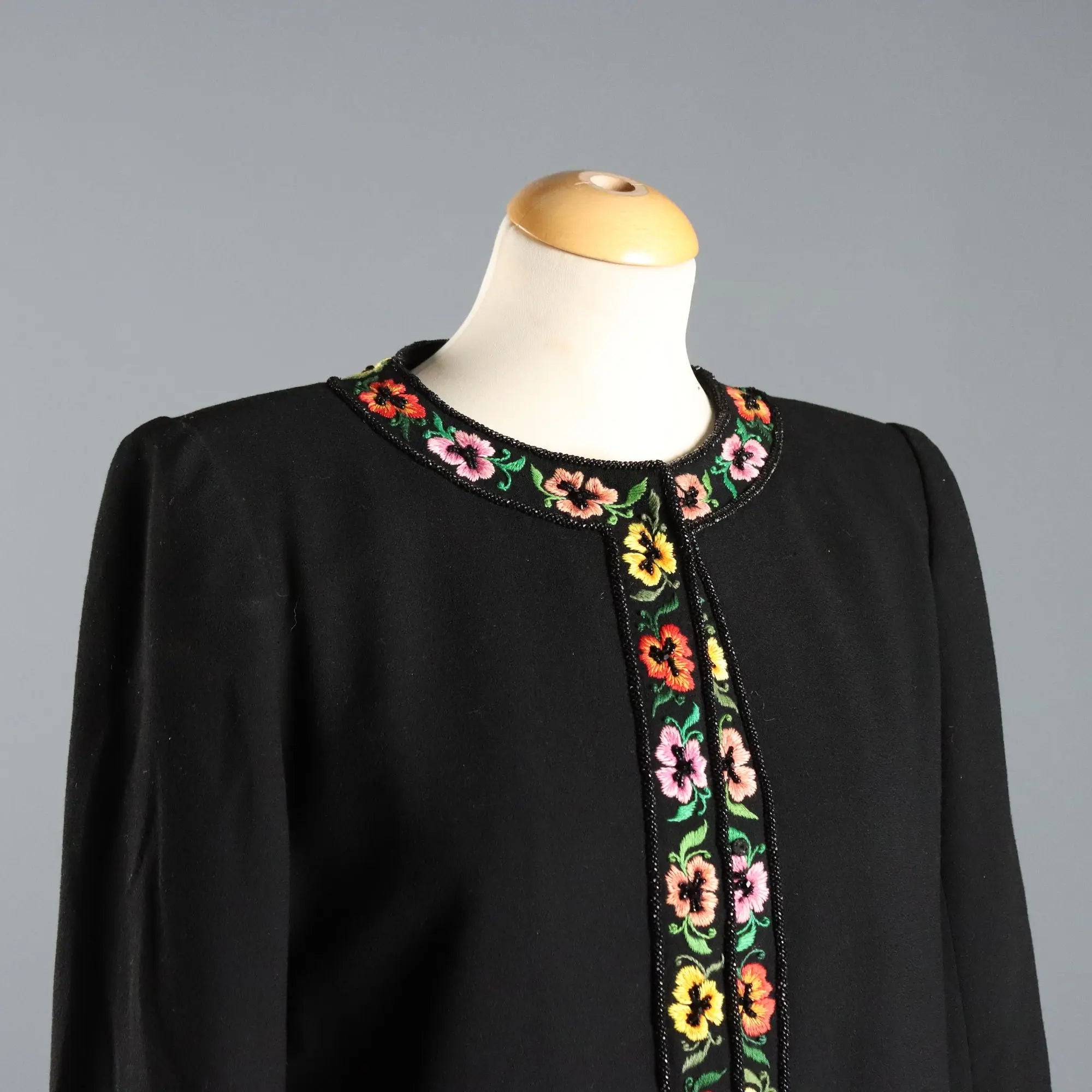 Vintage Jacket Wool Flower Beading UK Size 14 1990s