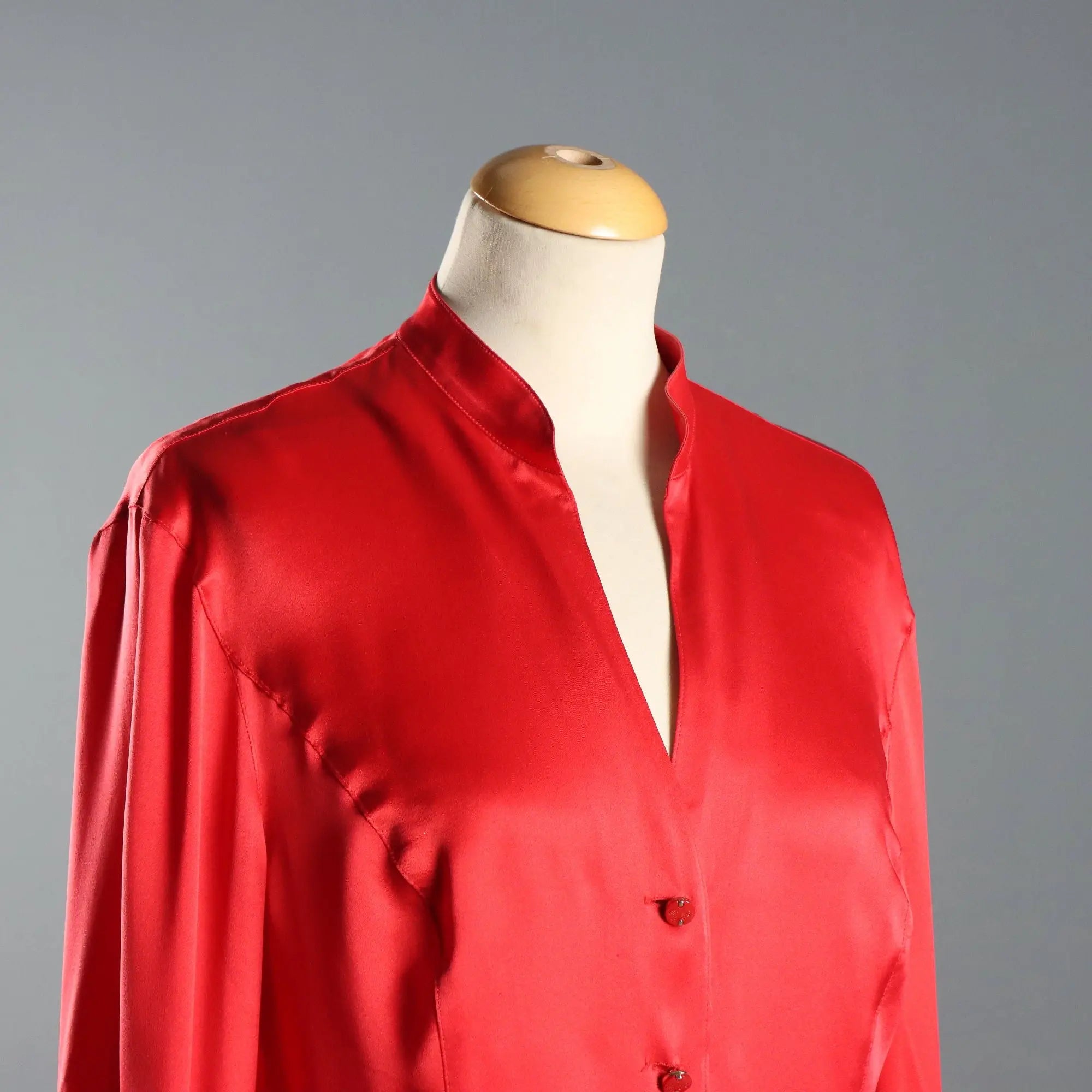 Escada Red Silk Shirt Jewel Buttons UK Size 14 Germany 1990s