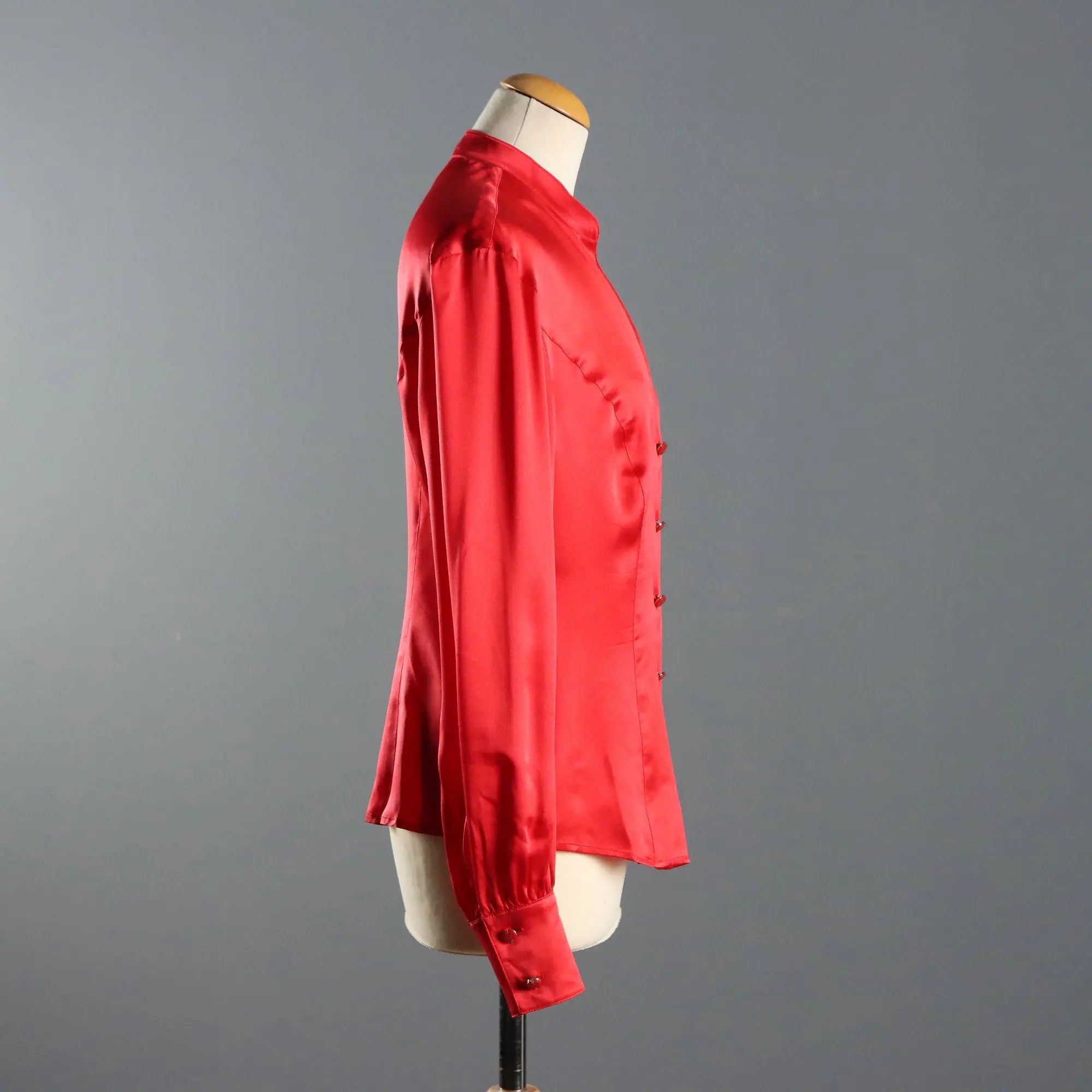 Escada Red Silk Shirt Jewel Buttons UK Size 14 Germany 1990s