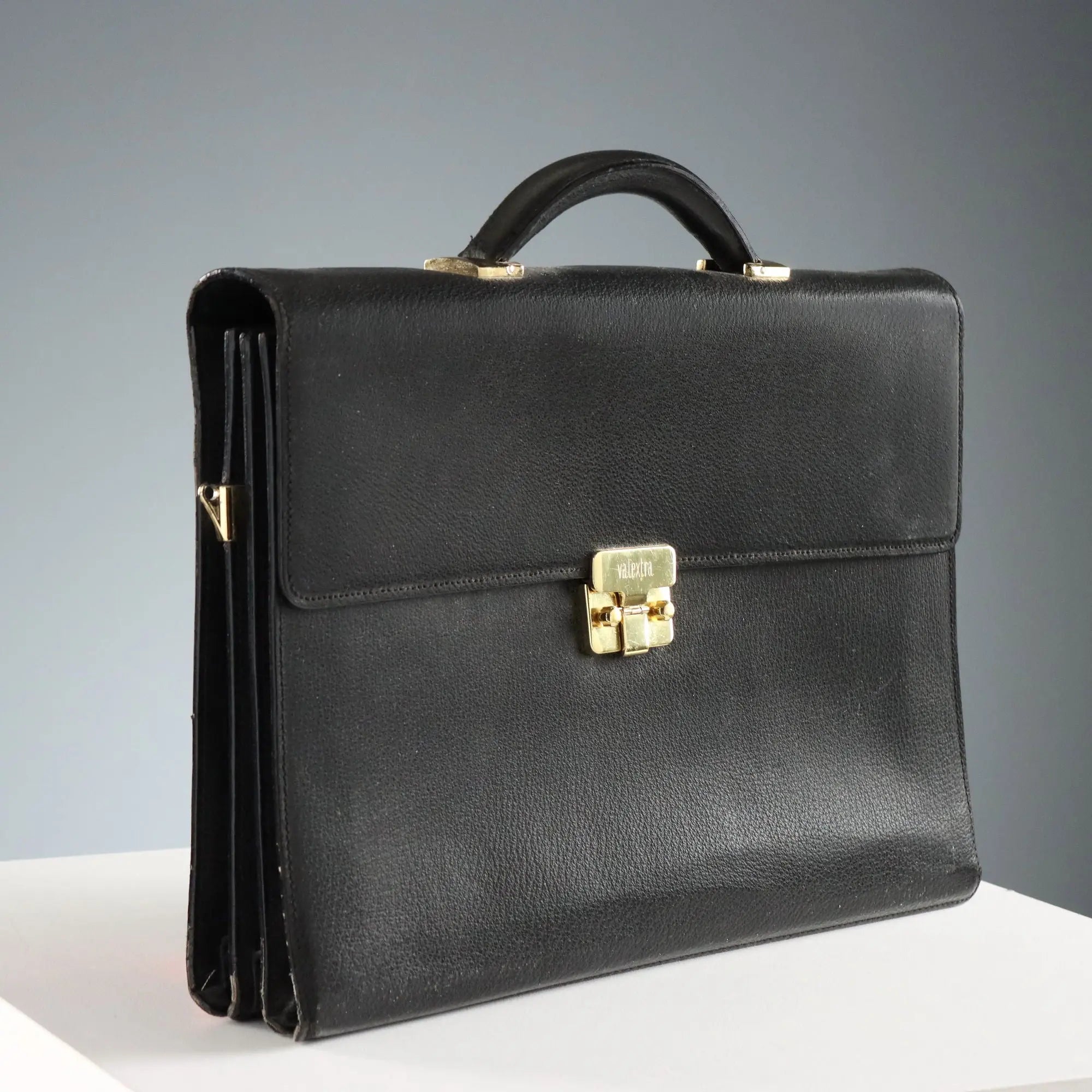 Valextra Black Leather Document Briefcase Vintage Italy 1980s-1990s