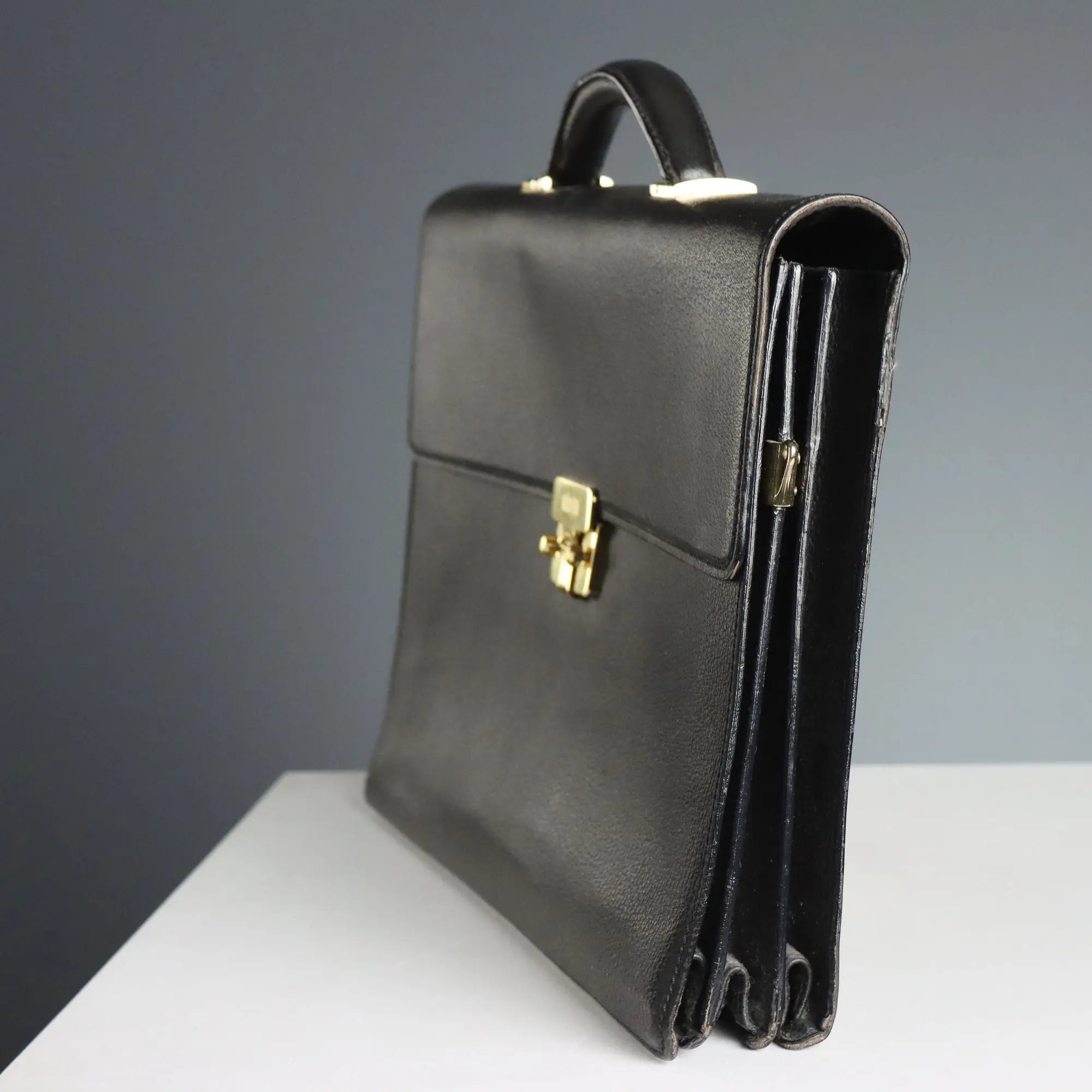 Valextra Black Leather Document Briefcase Vintage Italy 1980s-1990s