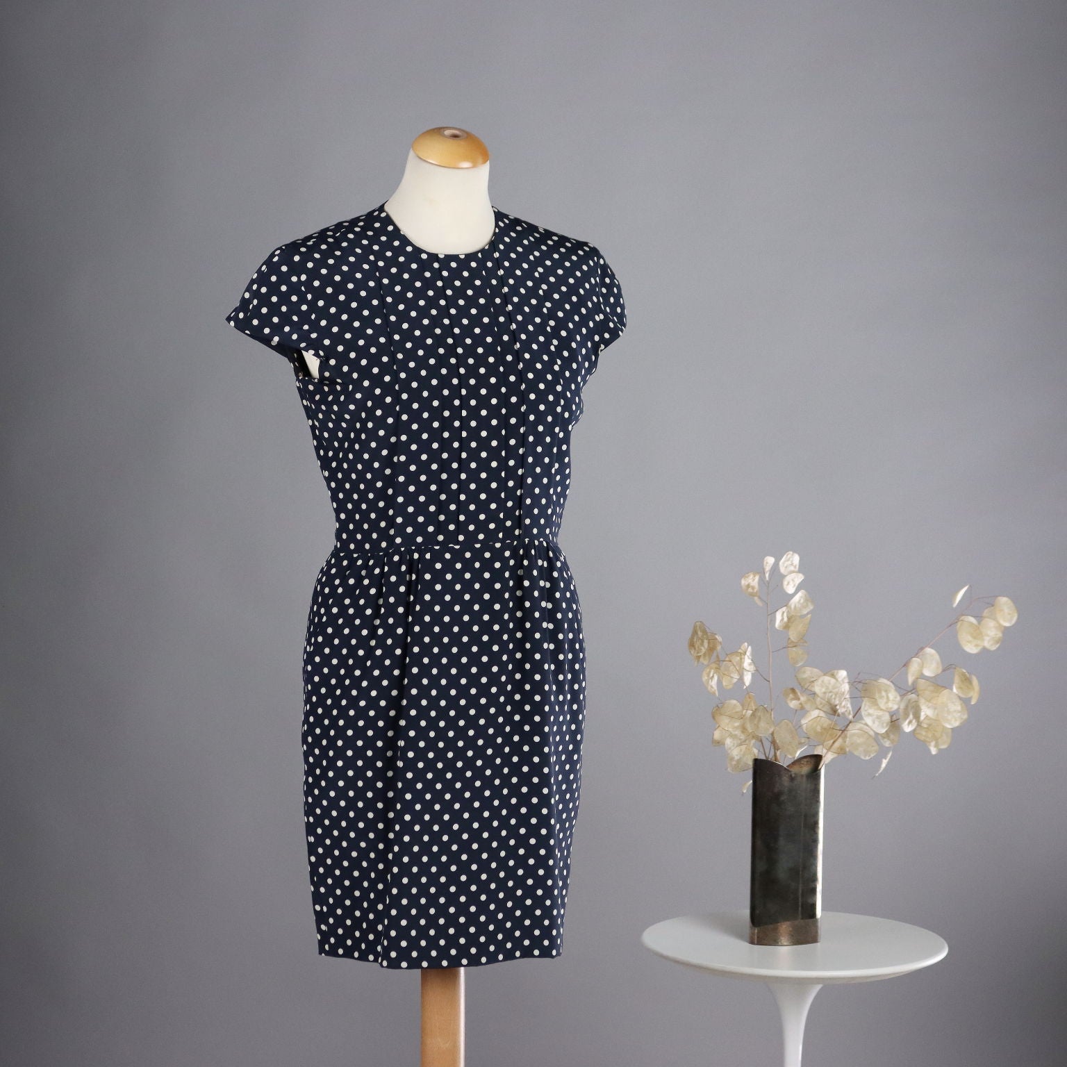 Vintage Dress by Pinuccia Botondi Size 6 1990s Blue Silk White Dots - Size 6 | Clothing & House Linens  Vintage